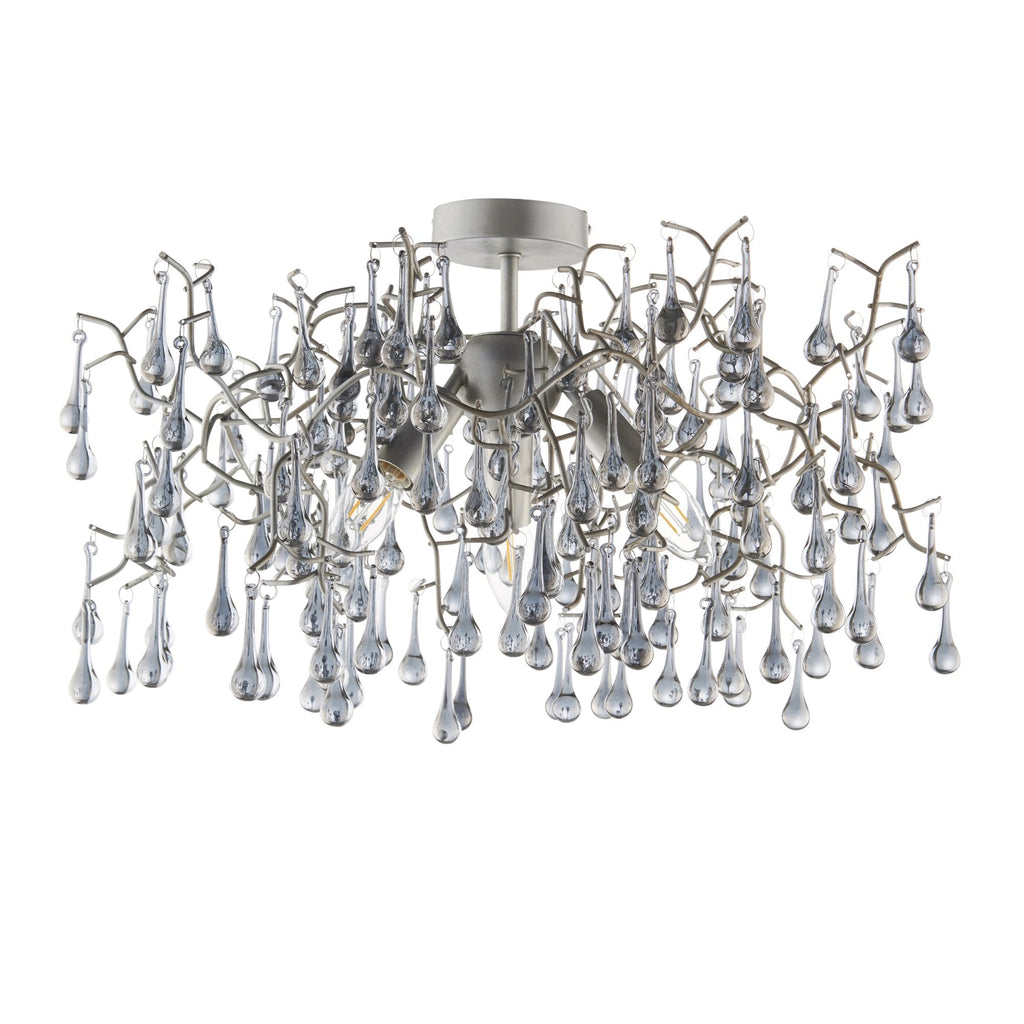 90302 3 Light Semi Flush Ceiling Light Aged Silver Paint & Smokey Grey Tinted Glass