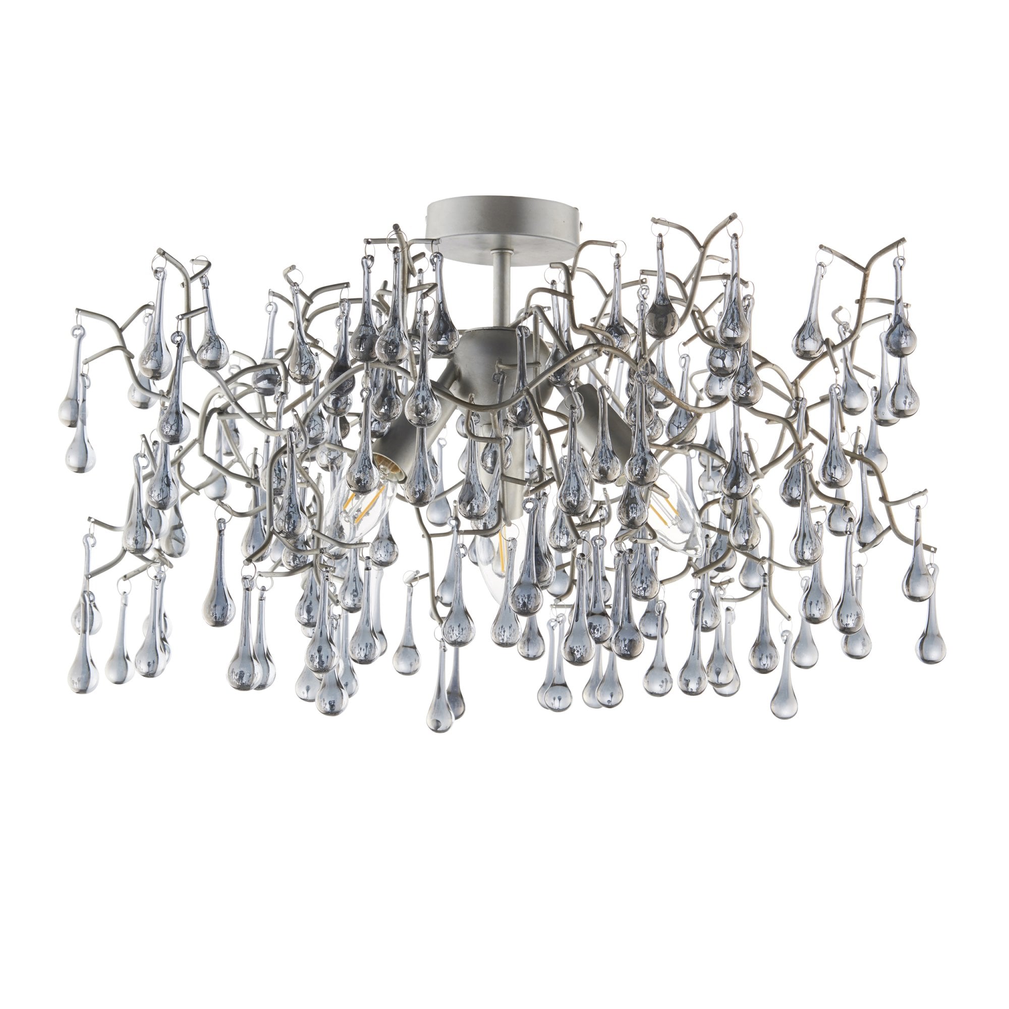 90302 3 Light Semi Flush Ceiling Light Aged Silver Paint & Smokey Grey Tinted Glass