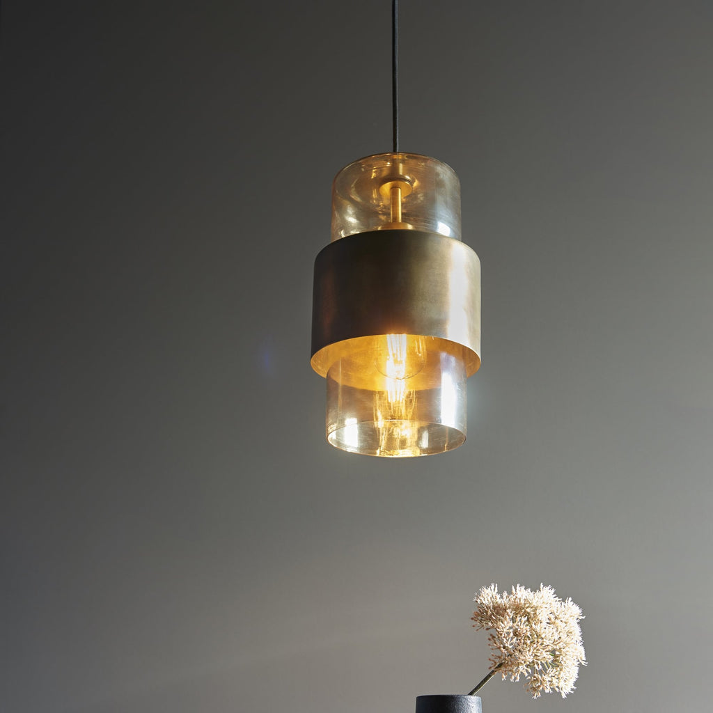 90599 1 Light Pendant Brass Patina & Champagne Lustre Glass