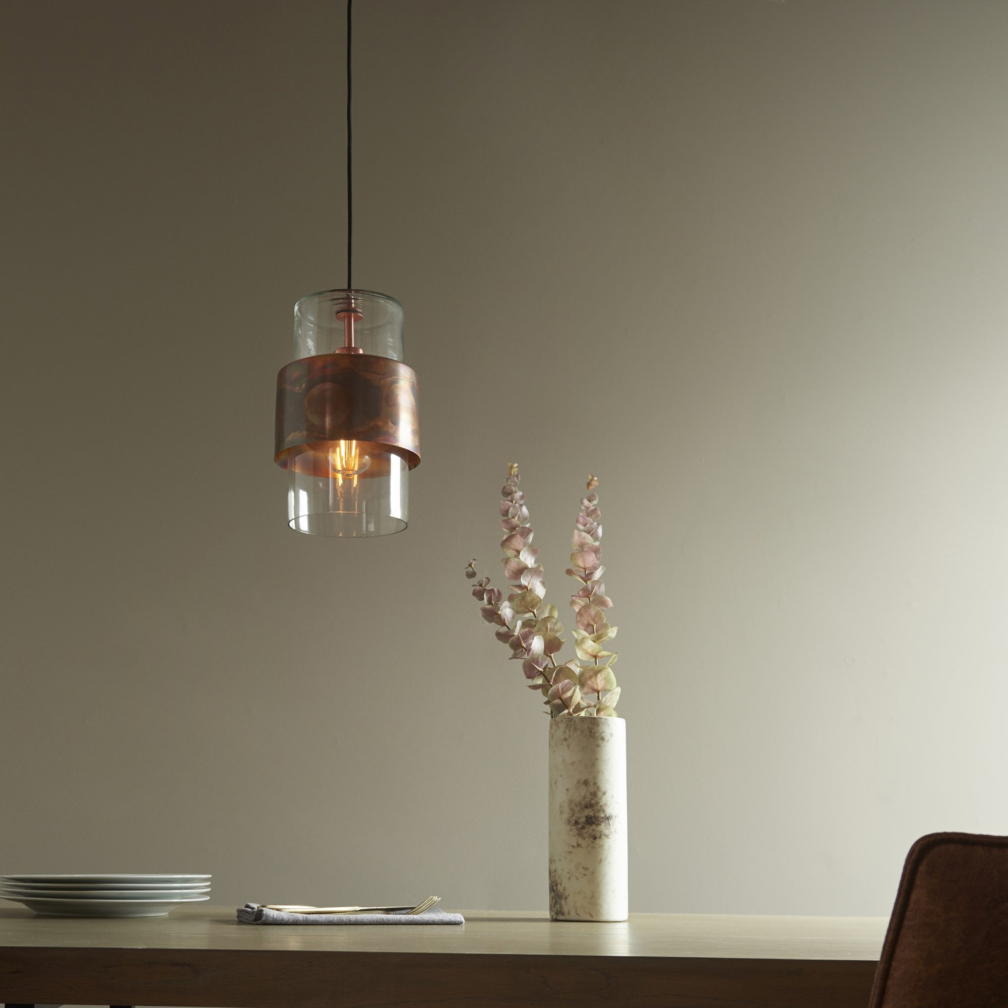 90603 1 Light Pendant Copper Patina Plate & Clear Glass