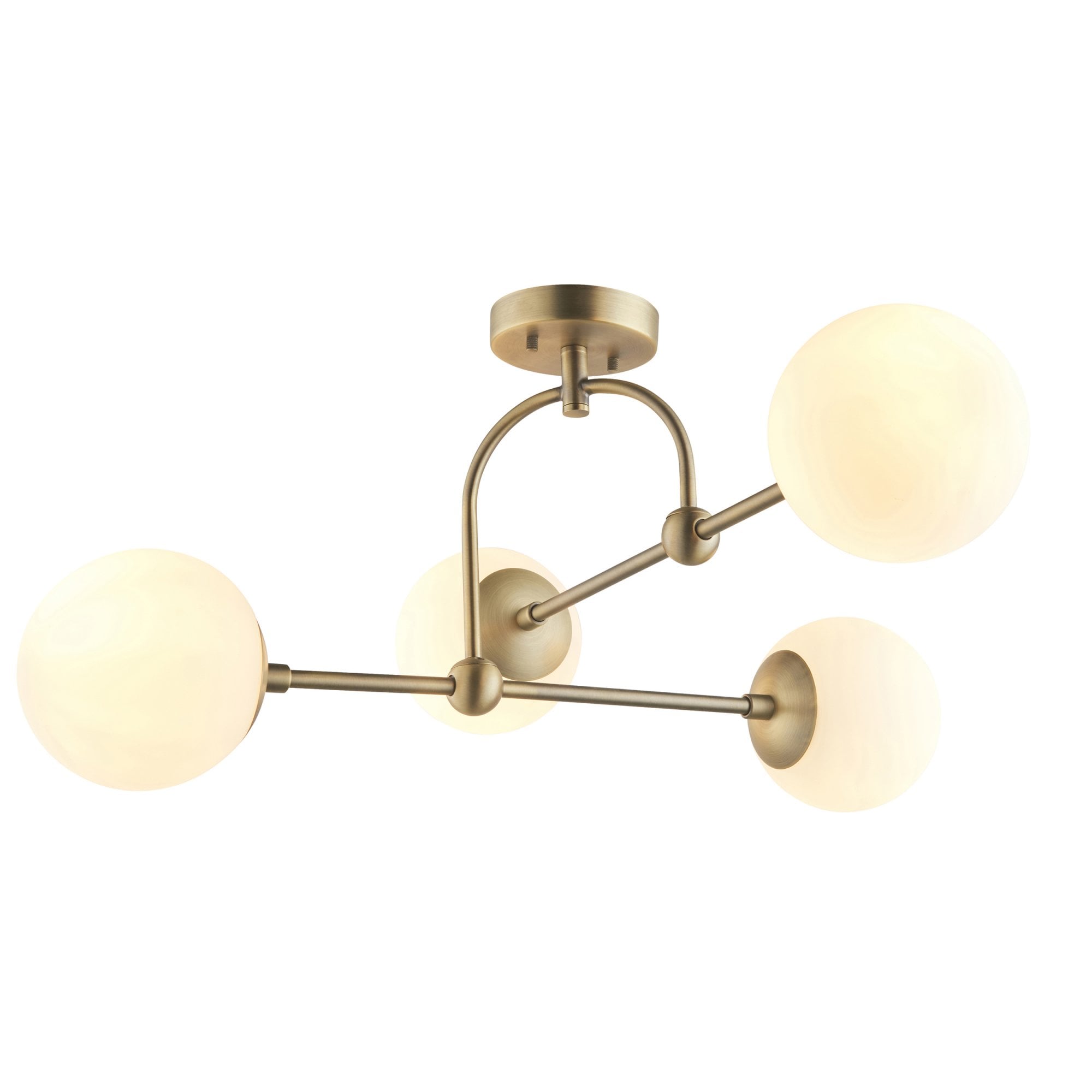 90843 4 Light Semi Flush Ceiling Light Matt Antique Brass Plate & Opal Glass