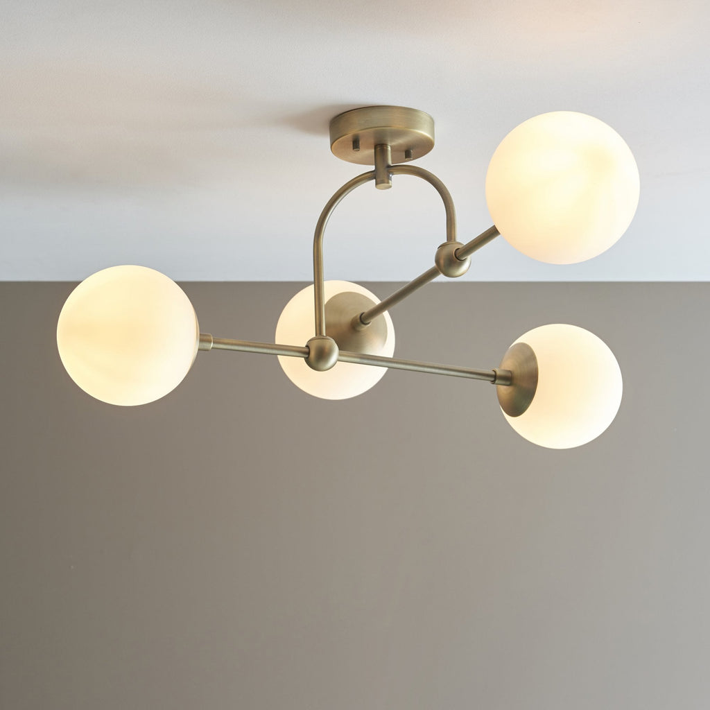 90843 4 Light Semi Flush Ceiling Light Matt Antique Brass Plate & Opal Glass
