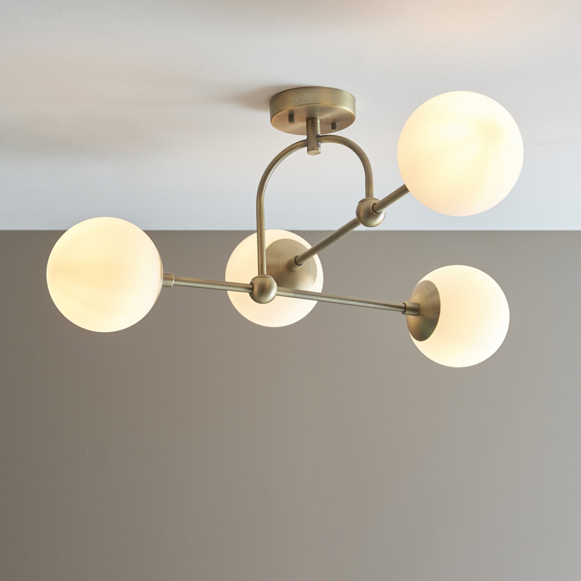 90843 4 Light Semi Flush Ceiling Light Matt Antique Brass Plate & Opal Glass