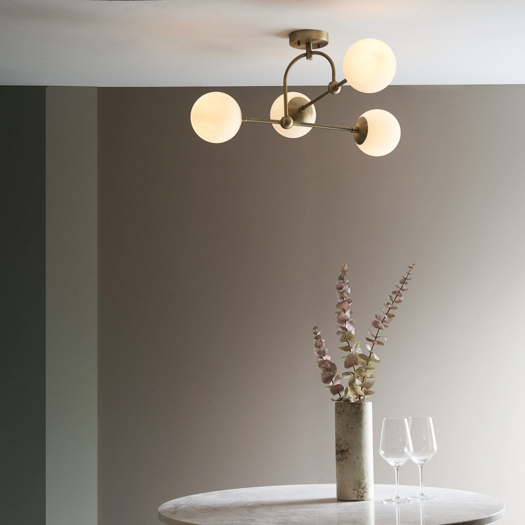 90843 4 Light Semi Flush Ceiling Light Matt Antique Brass Plate & Opal Glass