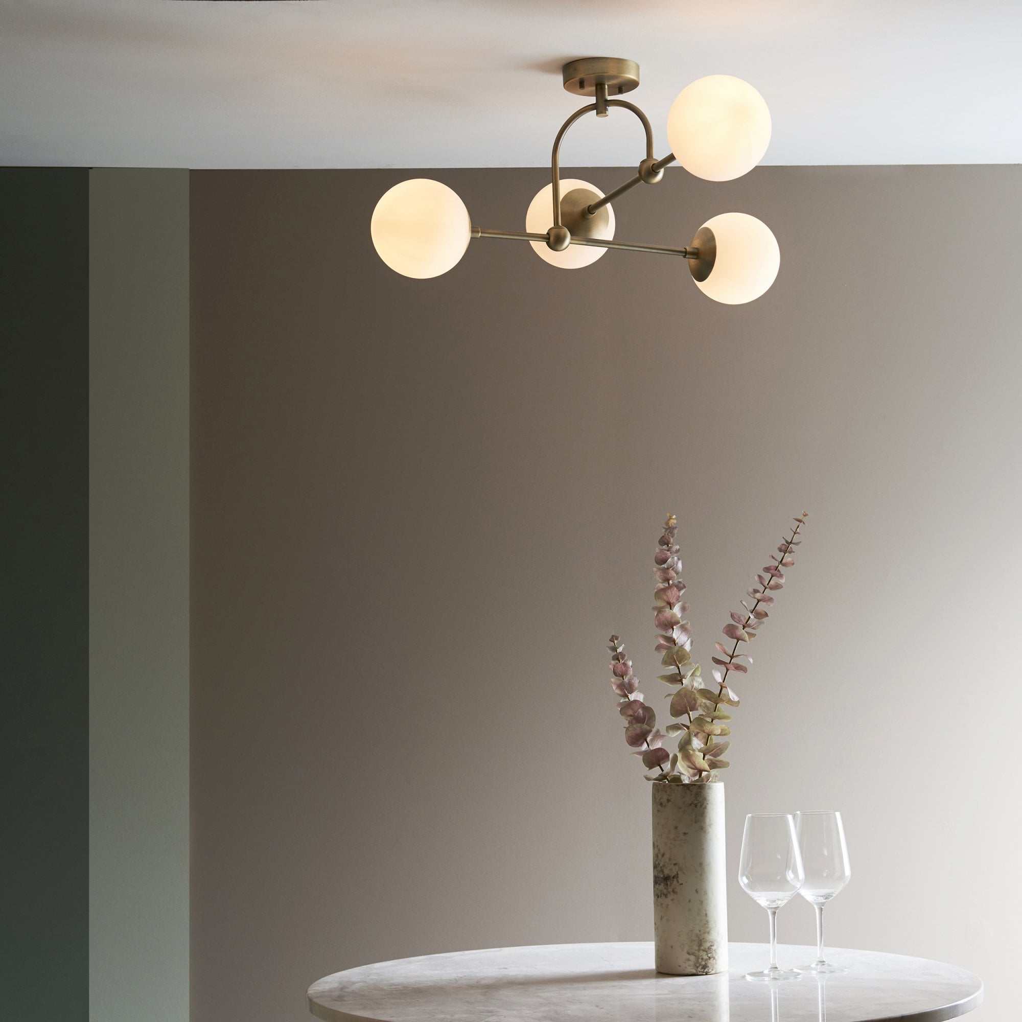 90843 4 Light Semi Flush Ceiling Light Matt Antique Brass Plate & Opal Glass