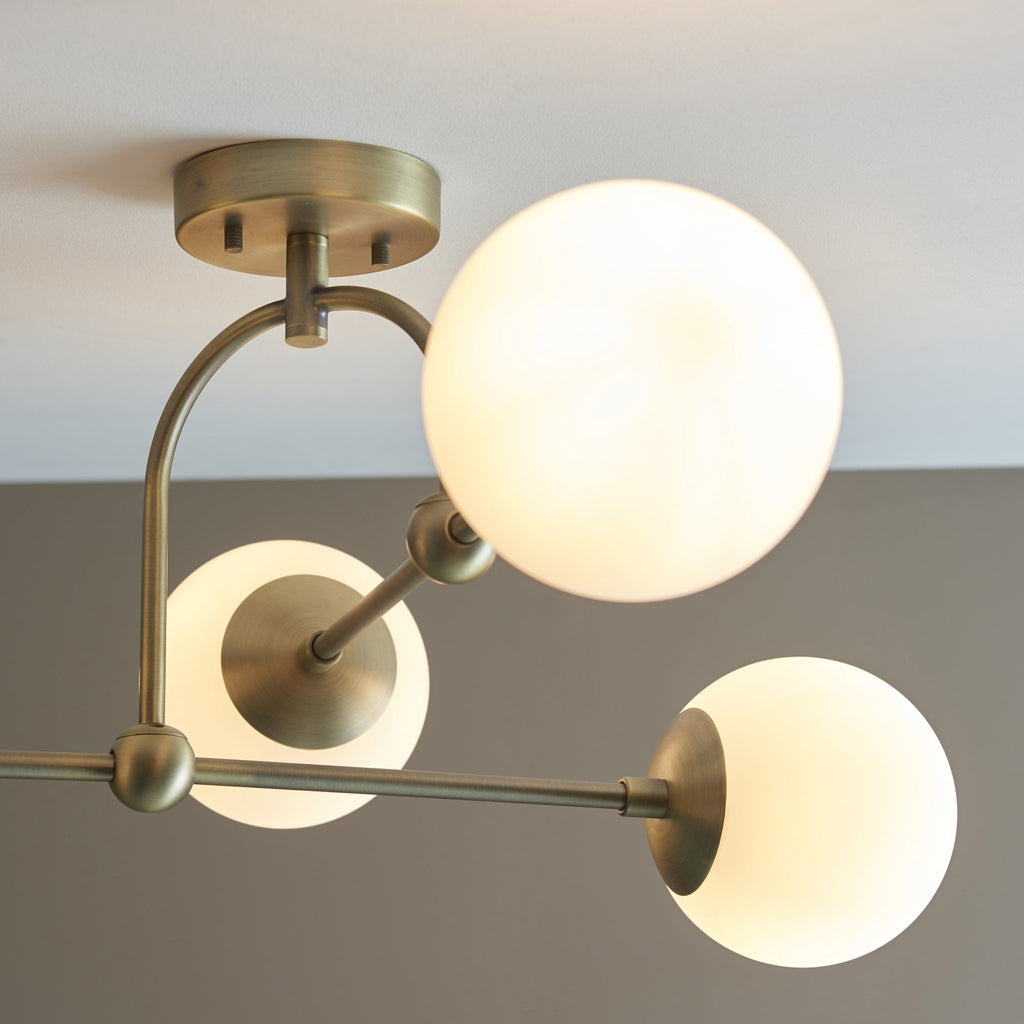 90843 4 Light Semi Flush Ceiling Light Matt Antique Brass Plate & Opal Glass