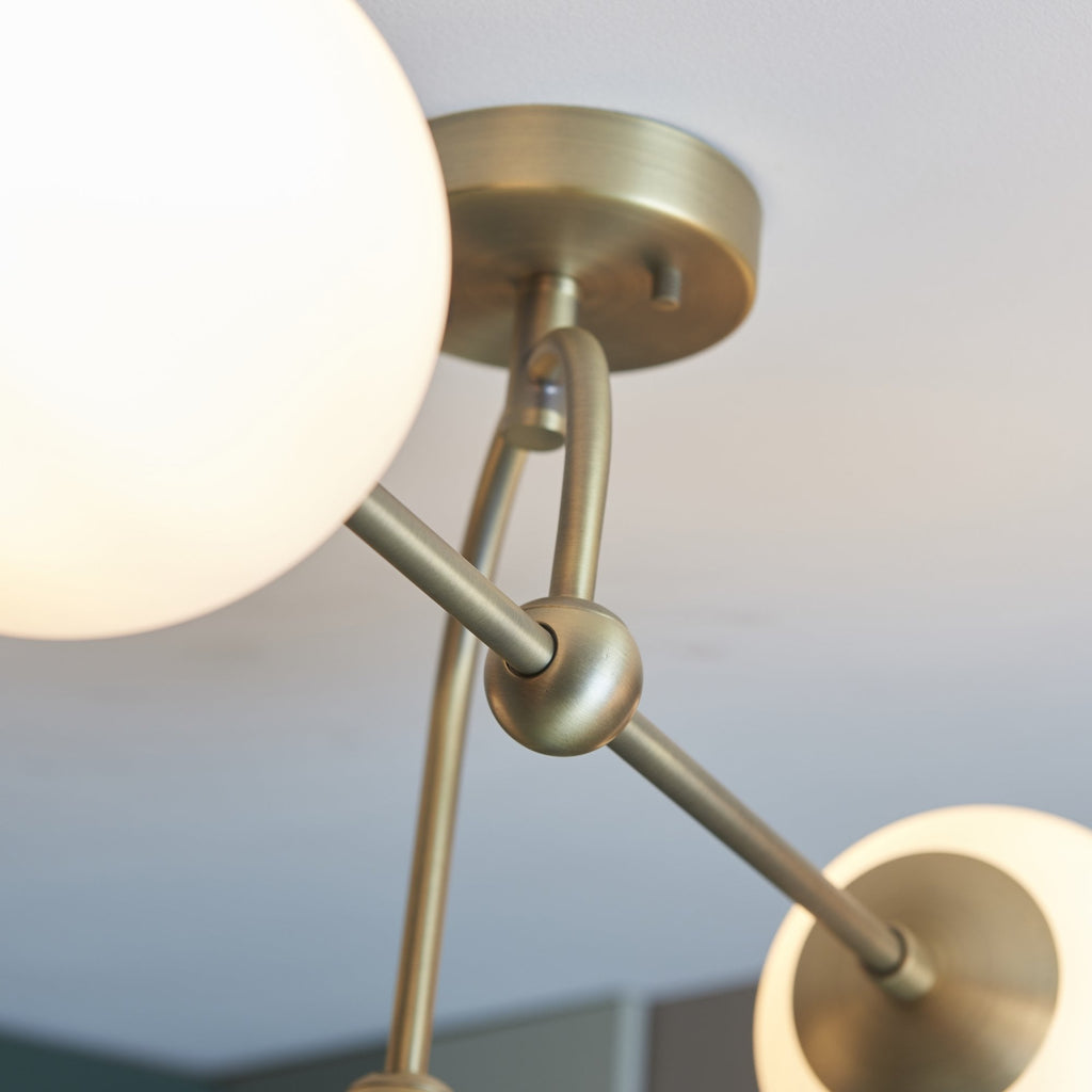 90843 4 Light Semi Flush Ceiling Light Matt Antique Brass Plate & Opal Glass
