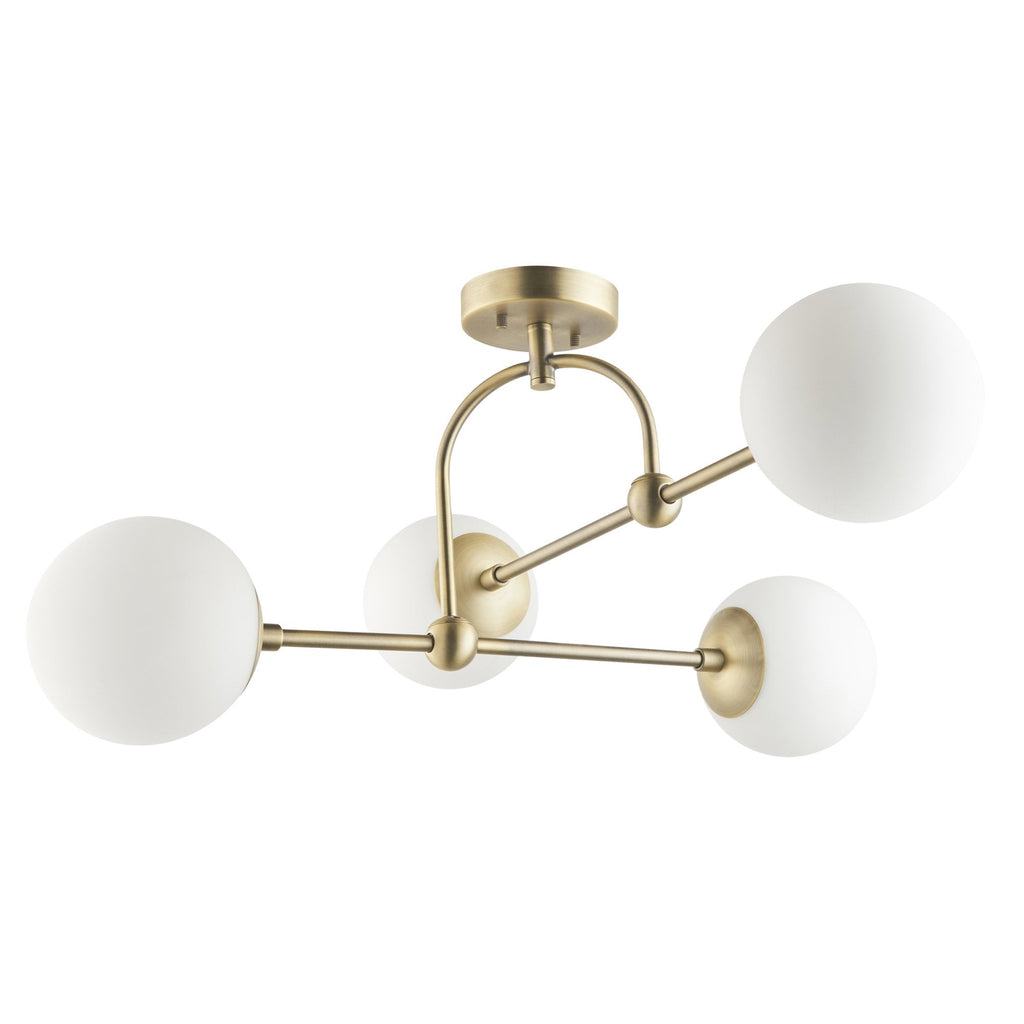 90843 4 Light Semi Flush Ceiling Light Matt Antique Brass Plate & Opal Glass