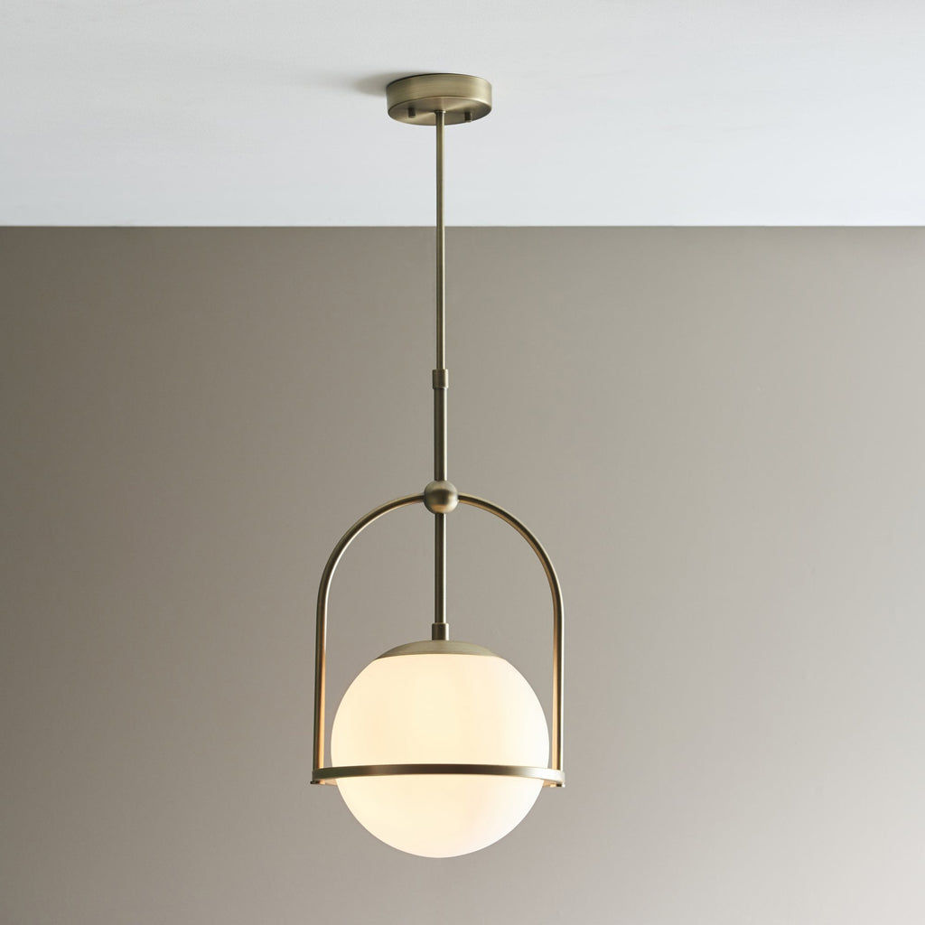 90844 1 Light Pendant Matt Antique Brass Plate & Opal Glass (S)