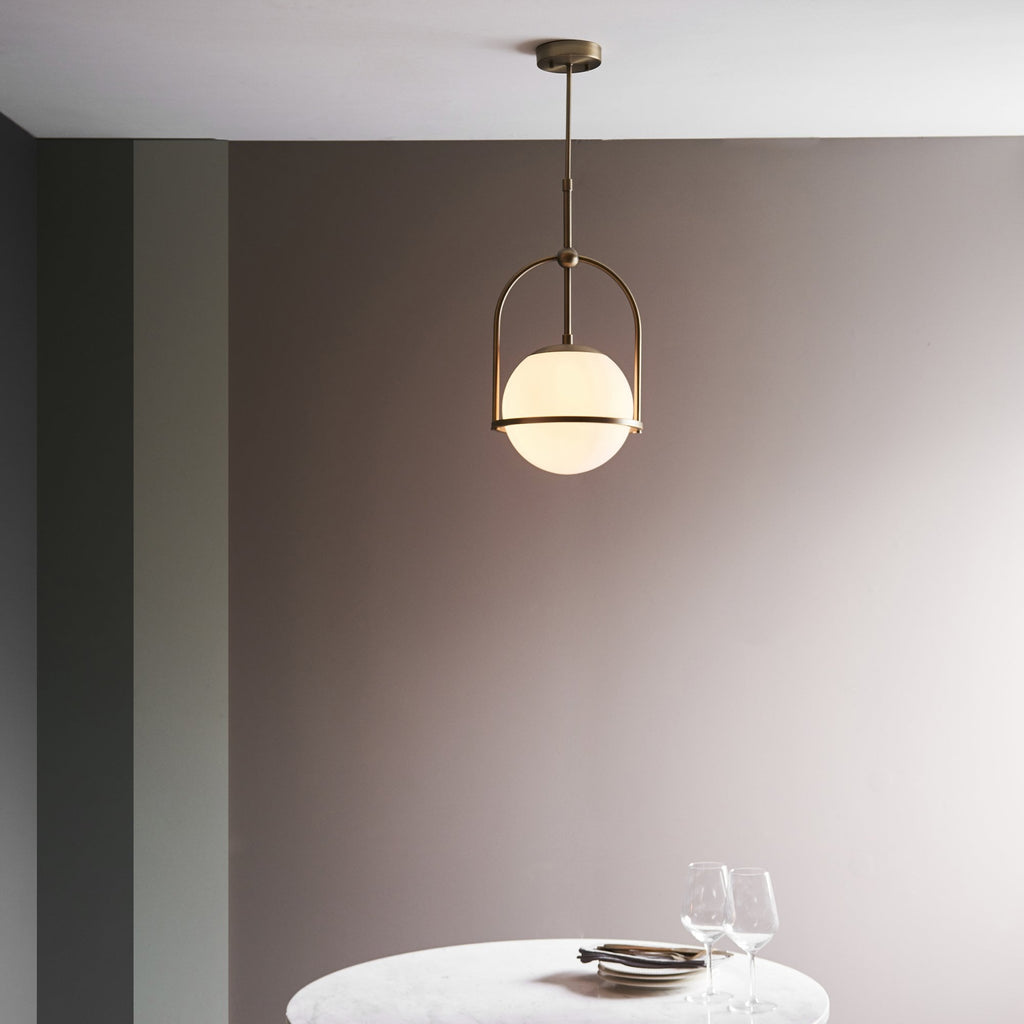 90844 1 Light Pendant Matt Antique Brass Plate & Opal Glass (S)