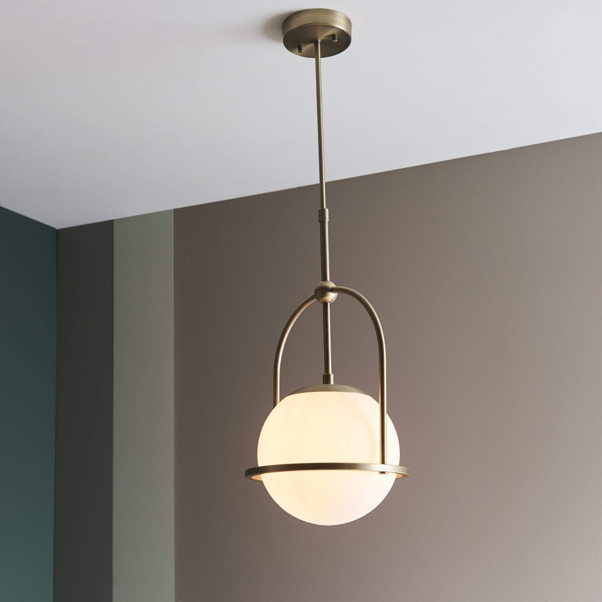 90844 1 Light Pendant Matt Antique Brass Plate & Opal Glass (S)