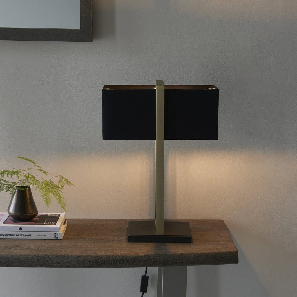 93061 1 Light Table Lamp Matt Antique Brass Plate & Black Fabric