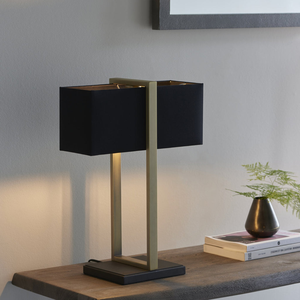 93061 1 Light Table Lamp Matt Antique Brass Plate & Black Fabric