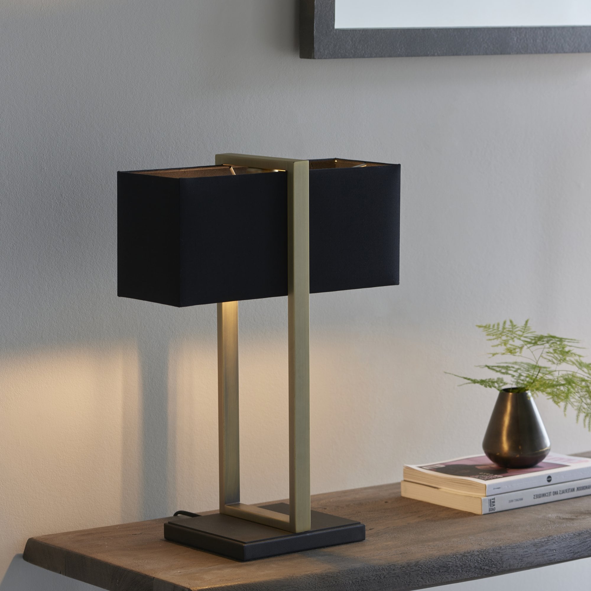 93061 1 Light Table Lamp Matt Antique Brass Plate & Black Fabric