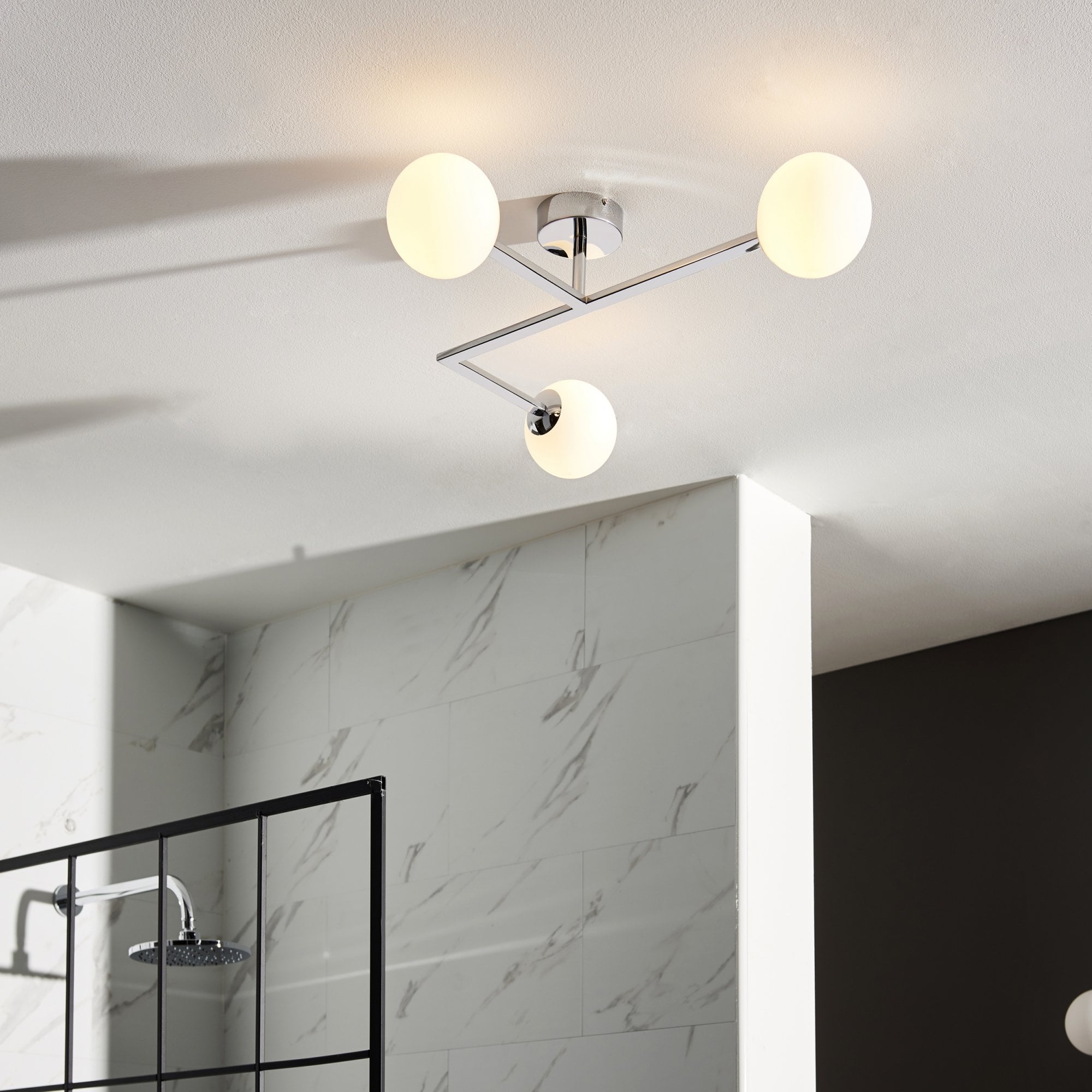 Bathroom 3 Light Semi Flush Ceiling  Light Chrome Plate & Matt Opal Glass
