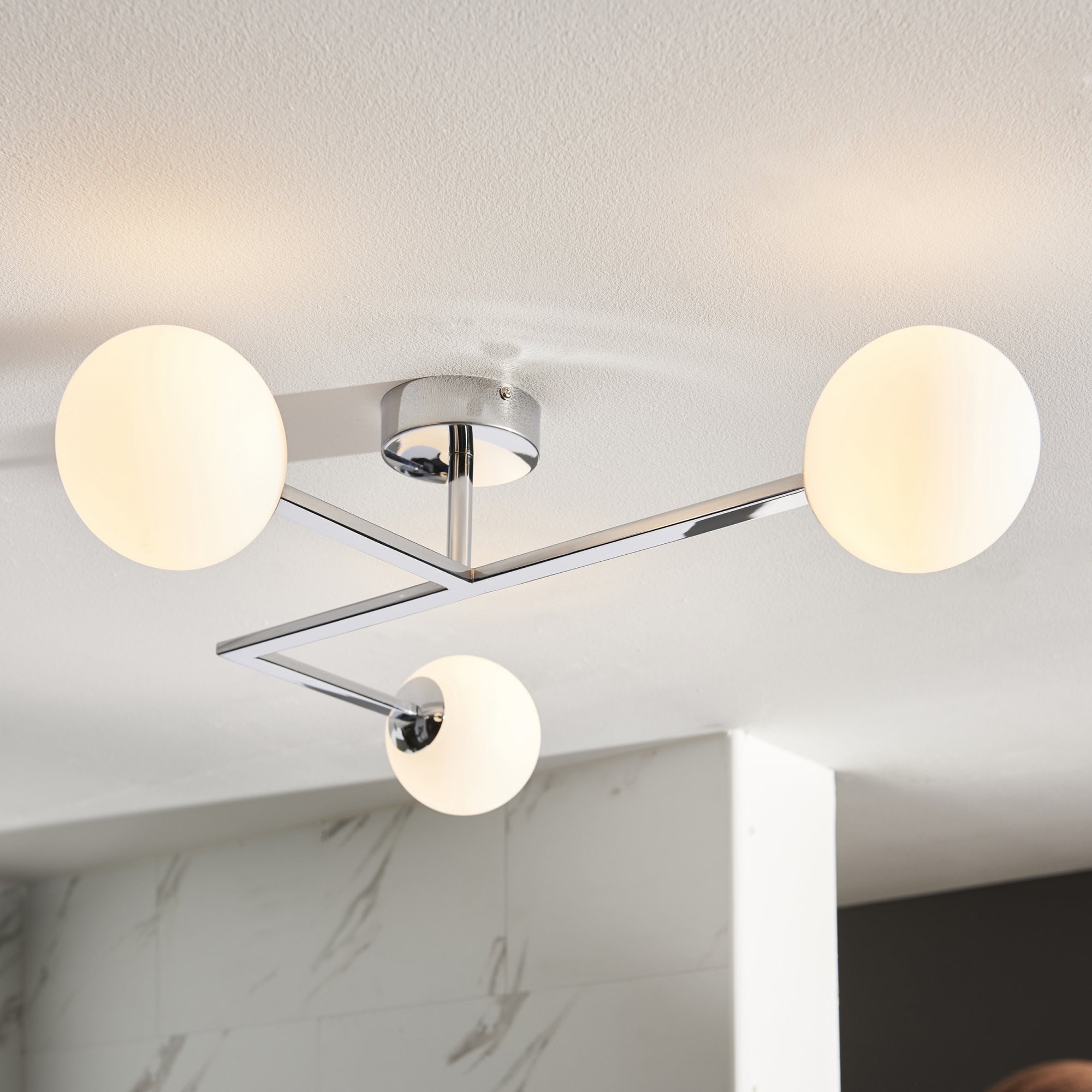 Bathroom 3 Light Semi Flush Ceiling  Light Chrome Plate & Matt Opal Glass