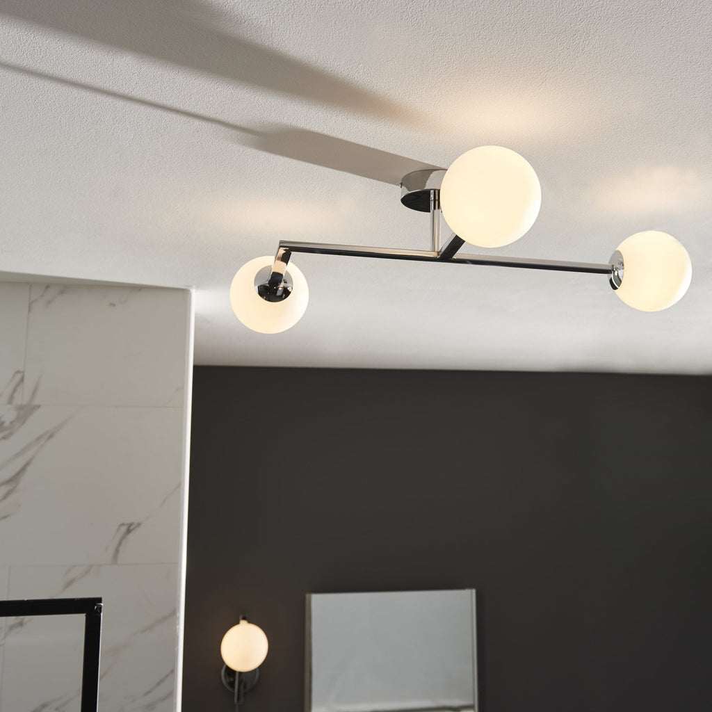 93904 Bathroom 3 Light Semi Flush Ceiling Light Chrome Plate & Matt Opal Glass
