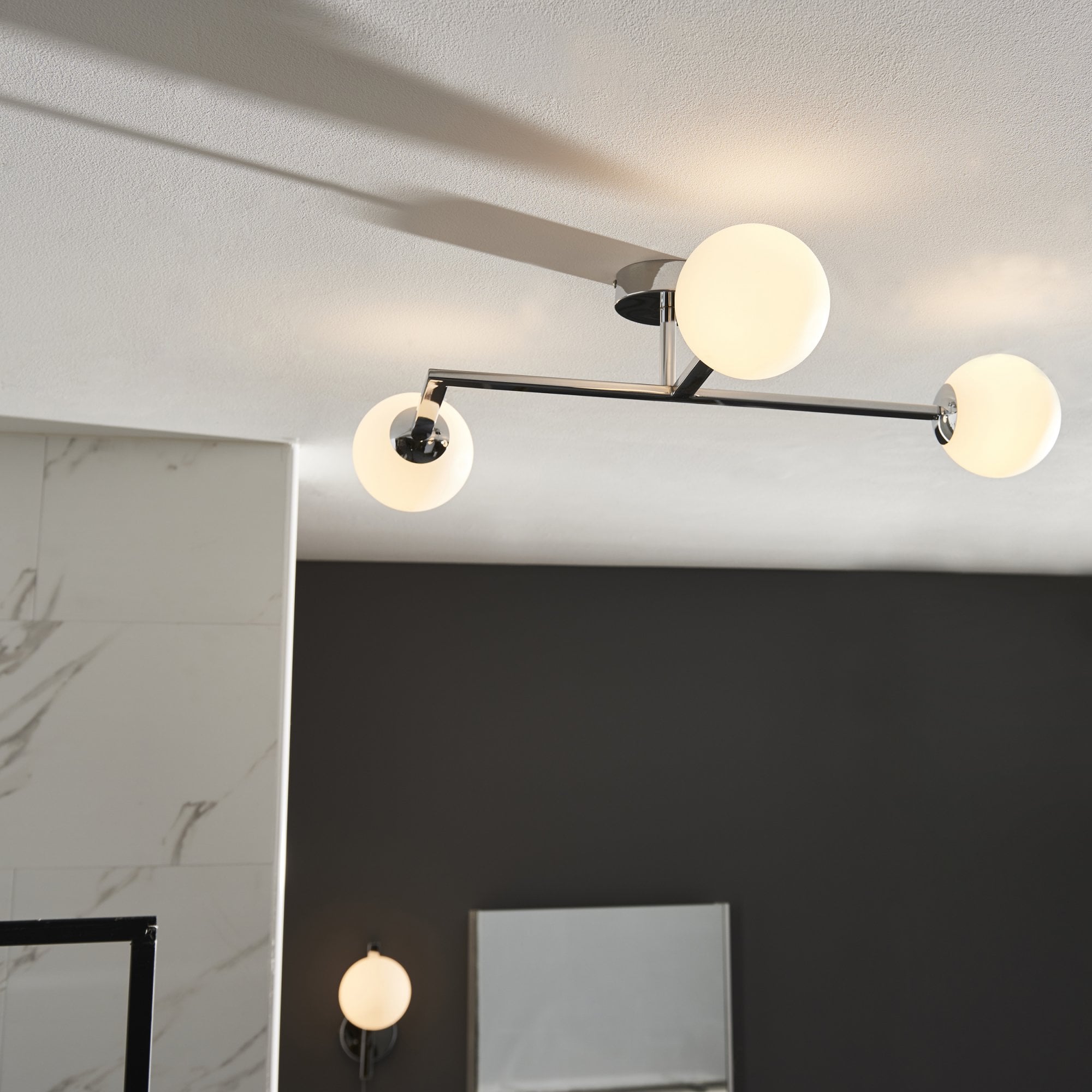 Bathroom 3 Light Semi Flush Ceiling  Light Chrome Plate & Matt Opal Glass