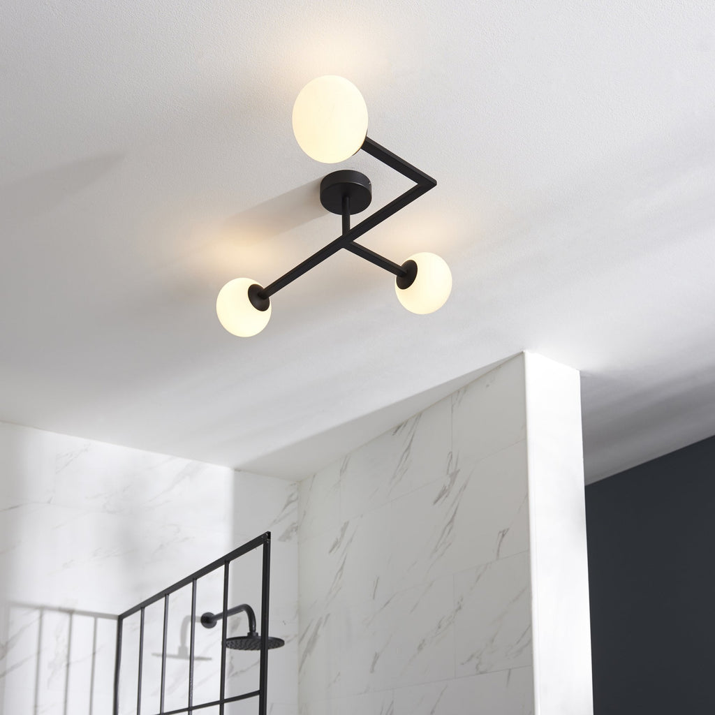 93905 Bathroom 3 Light Semi Flush Ceiling Light Matt Black & Matt Opal Glass
