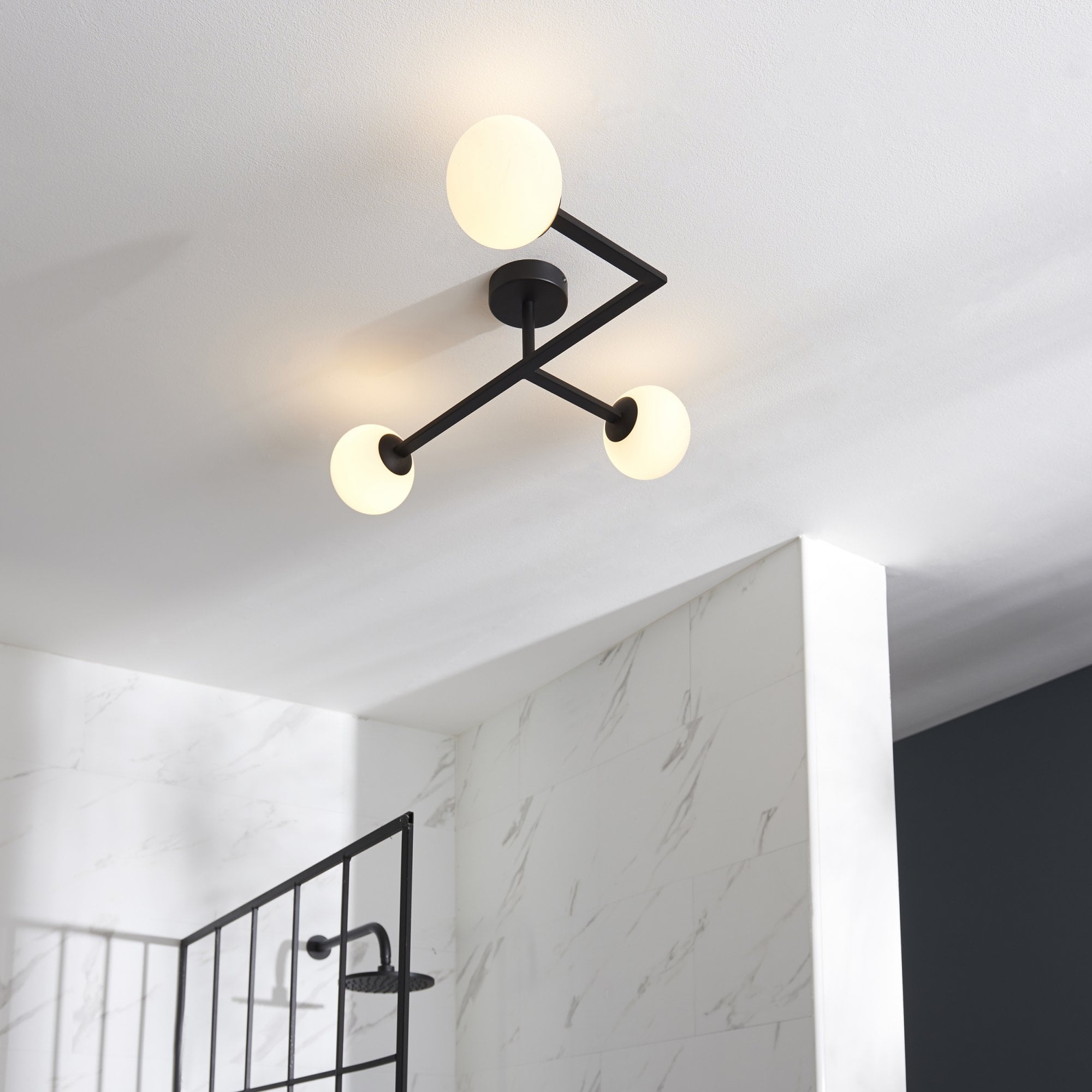 93905 Bathroom 3 Light Semi Flush Ceiling Light Matt Black & Matt Opal Glass