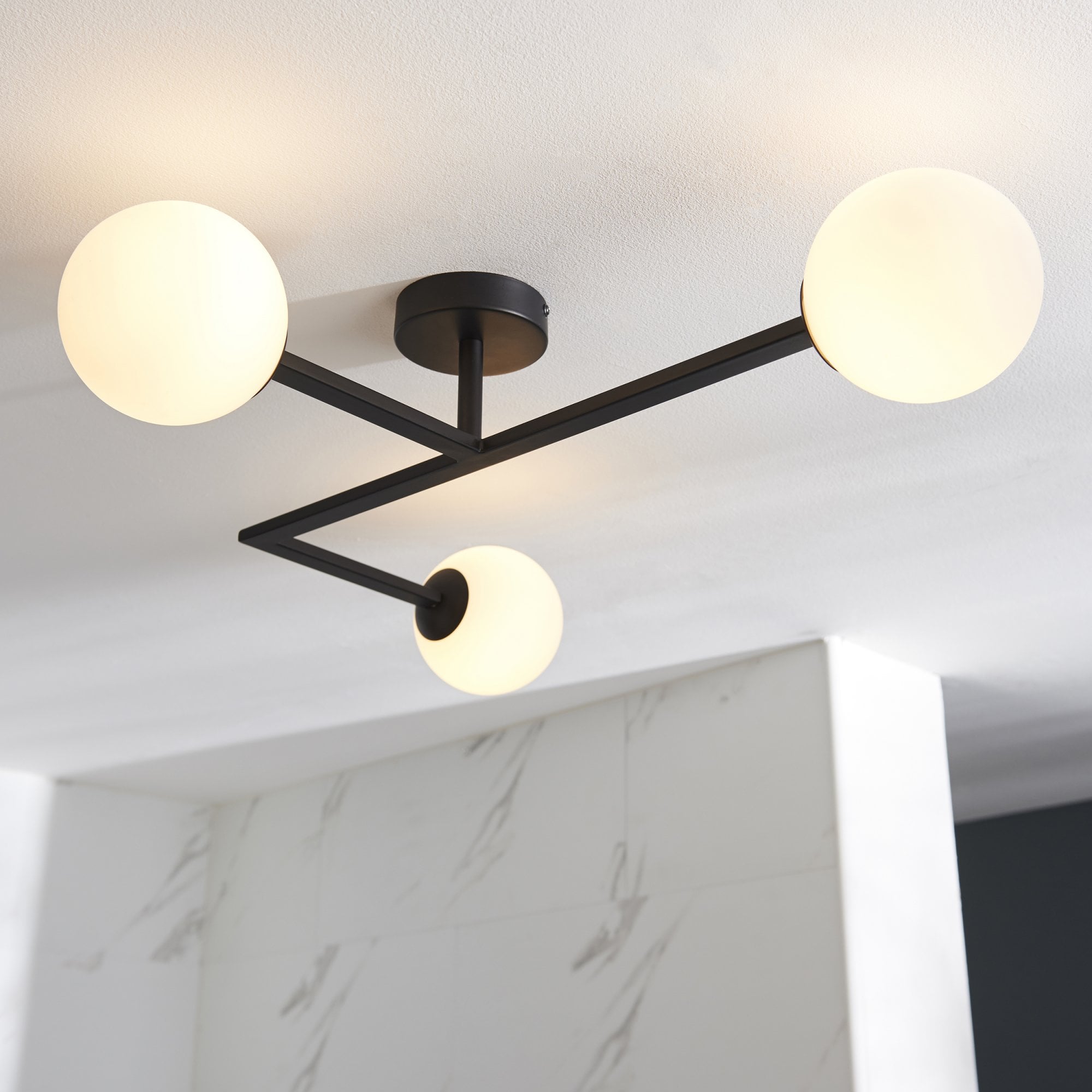 93905 Bathroom 3 Light Semi Flush Ceiling Light Matt Black & Matt Opal Glass