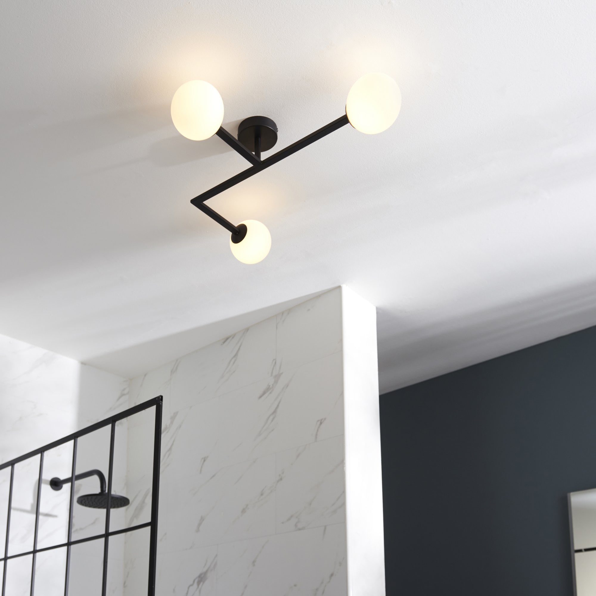 93905 Bathroom 3 Light Semi Flush Ceiling Light Matt Black & Matt Opal Glass