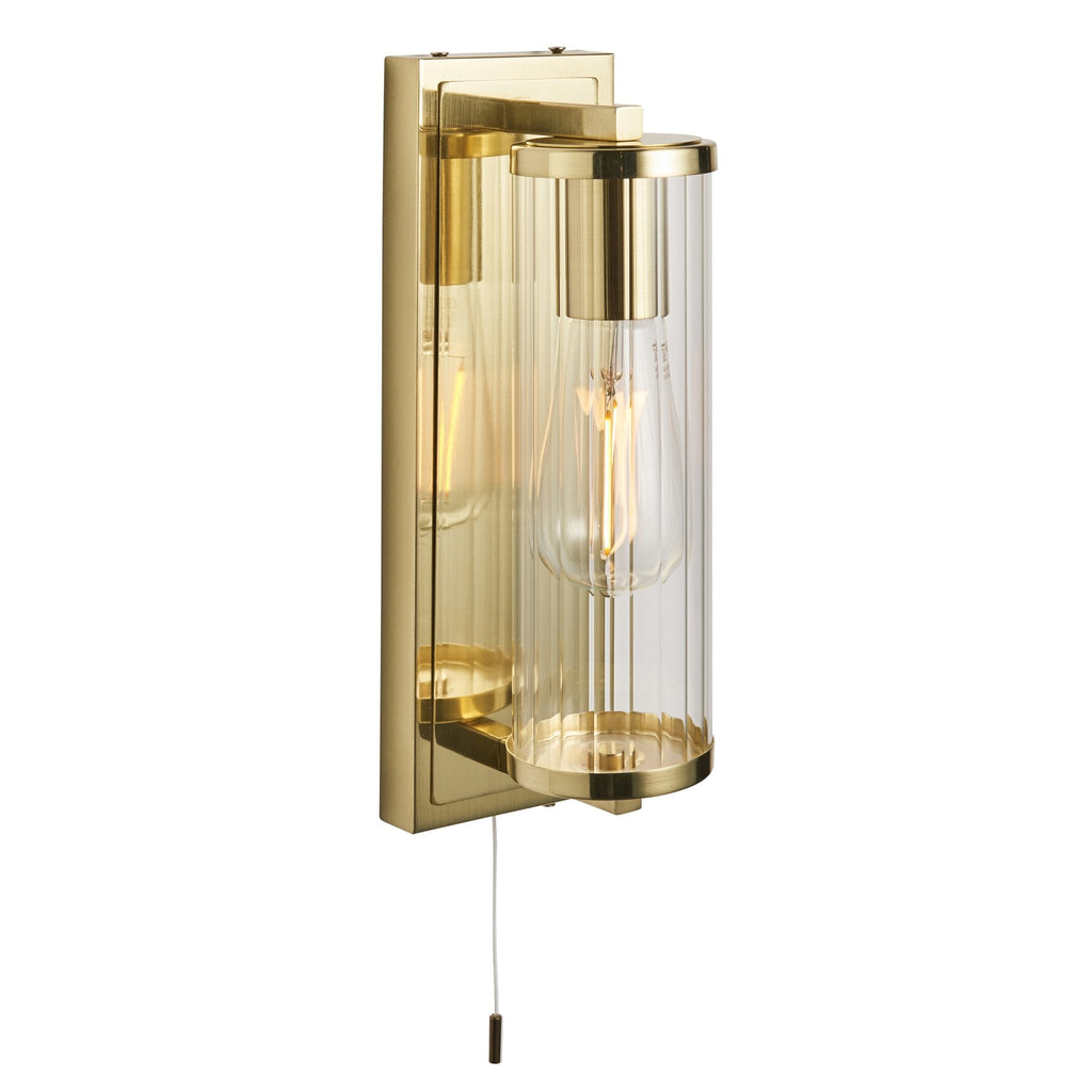 94075 Bathroom 1 Light Wall Light Satin Brass Plate & Clear Ribbed Glass