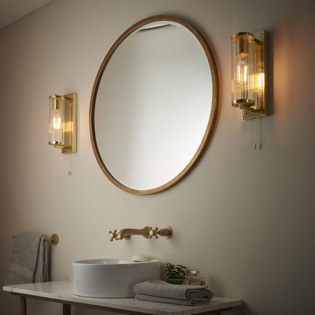 94075 Bathroom 1 Light Wall Light Satin Brass Plate & Clear Ribbed Glass