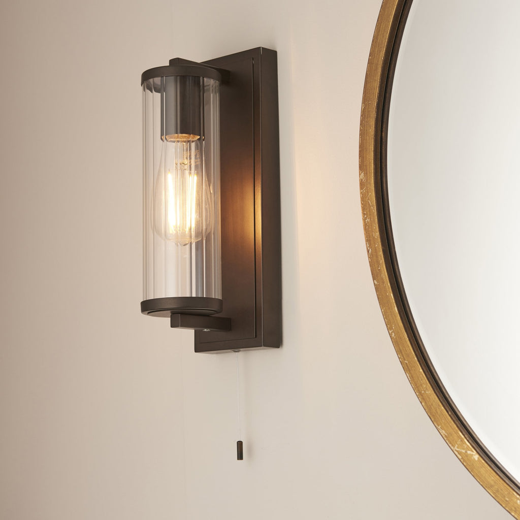 94077 Bathroom 1 Light Wall Light Dark Bronze Paint & Clear Ribbed Glass