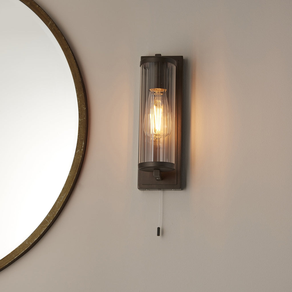 94077 Bathroom 1 Light Wall Light Dark Bronze Paint & Clear Ribbed Glass