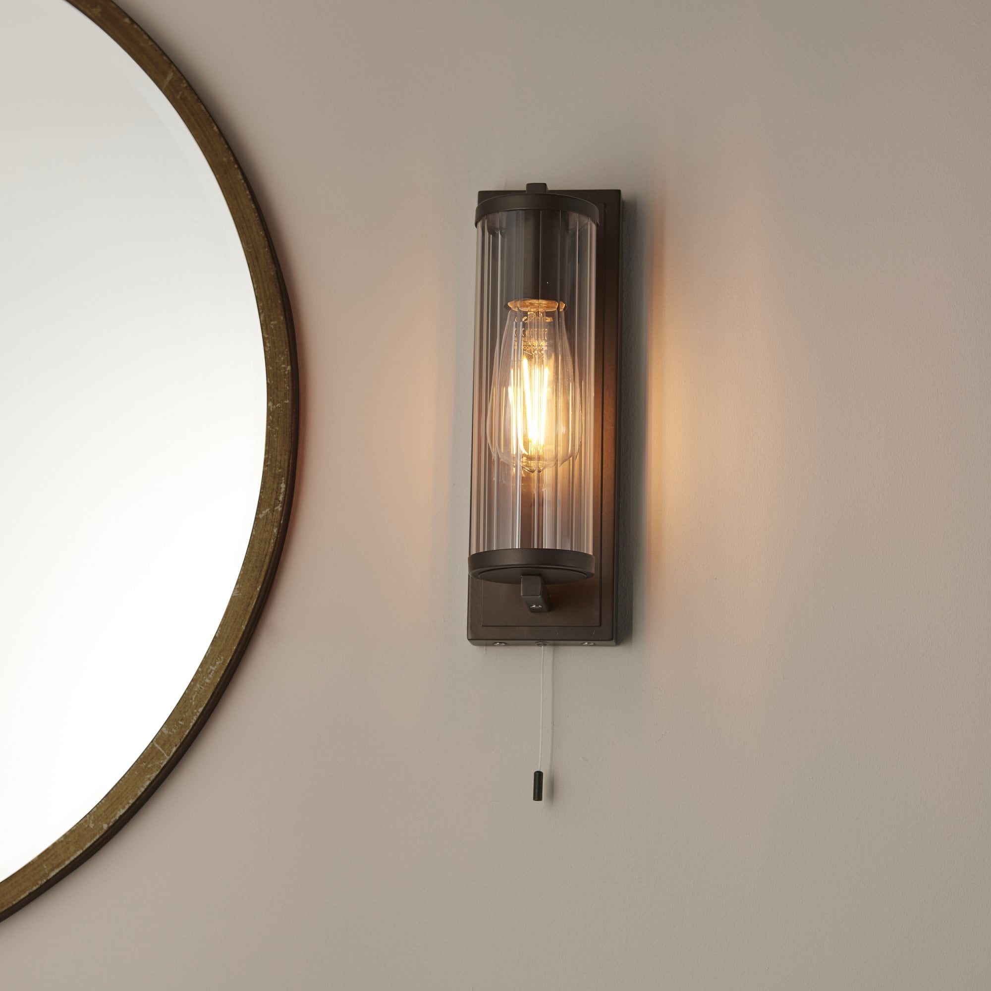 94077 Bathroom 1 Light Wall Light Dark Bronze Paint & Clear Ribbed Glass