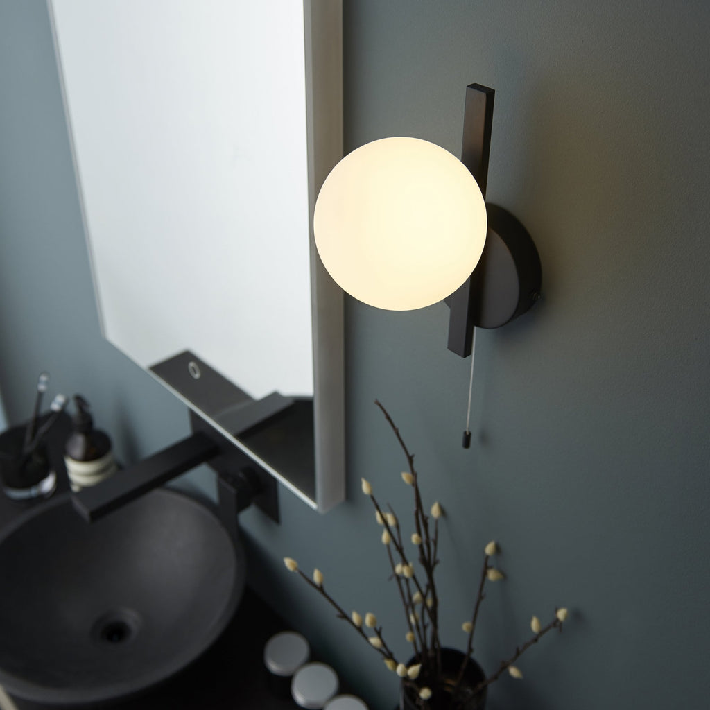 94081 Bathroom 1 Light Wall Light Matt Black & Matt Opal Glass