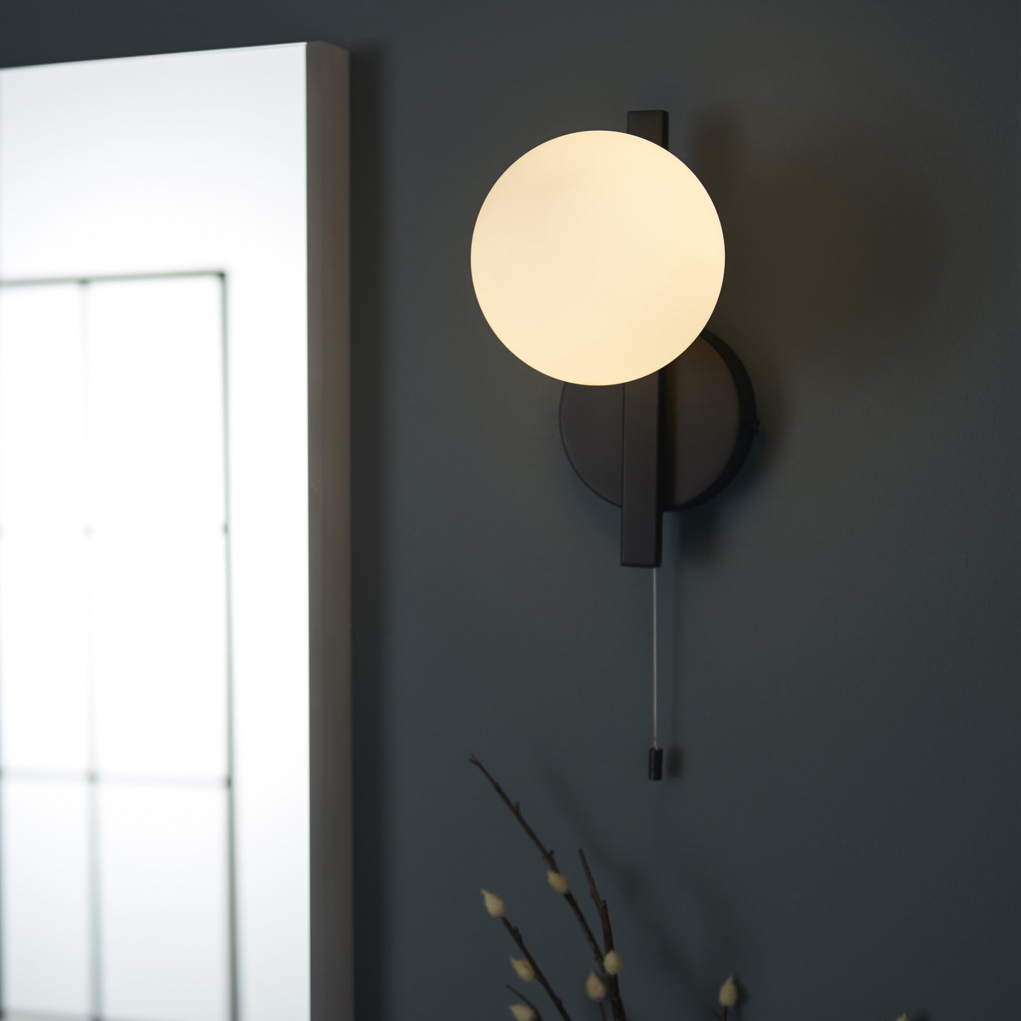 94081 Bathroom 1 Light Wall Light Matt Black & Matt Opal Glass