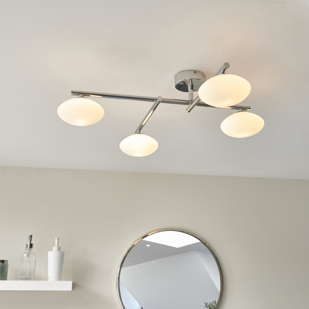 95008 Bathroom 4 Light Semi Flush Ceiling Light Chrome Plate & Matt Opal Glass
