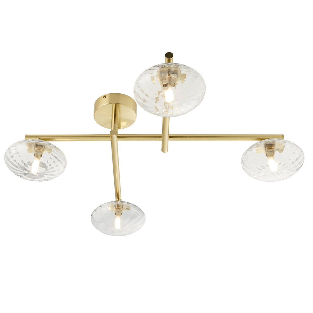95009 Bathroom 4 Light Semi Flush Ceiling Light Satin Brass Plate & Clear Ribbed Glass