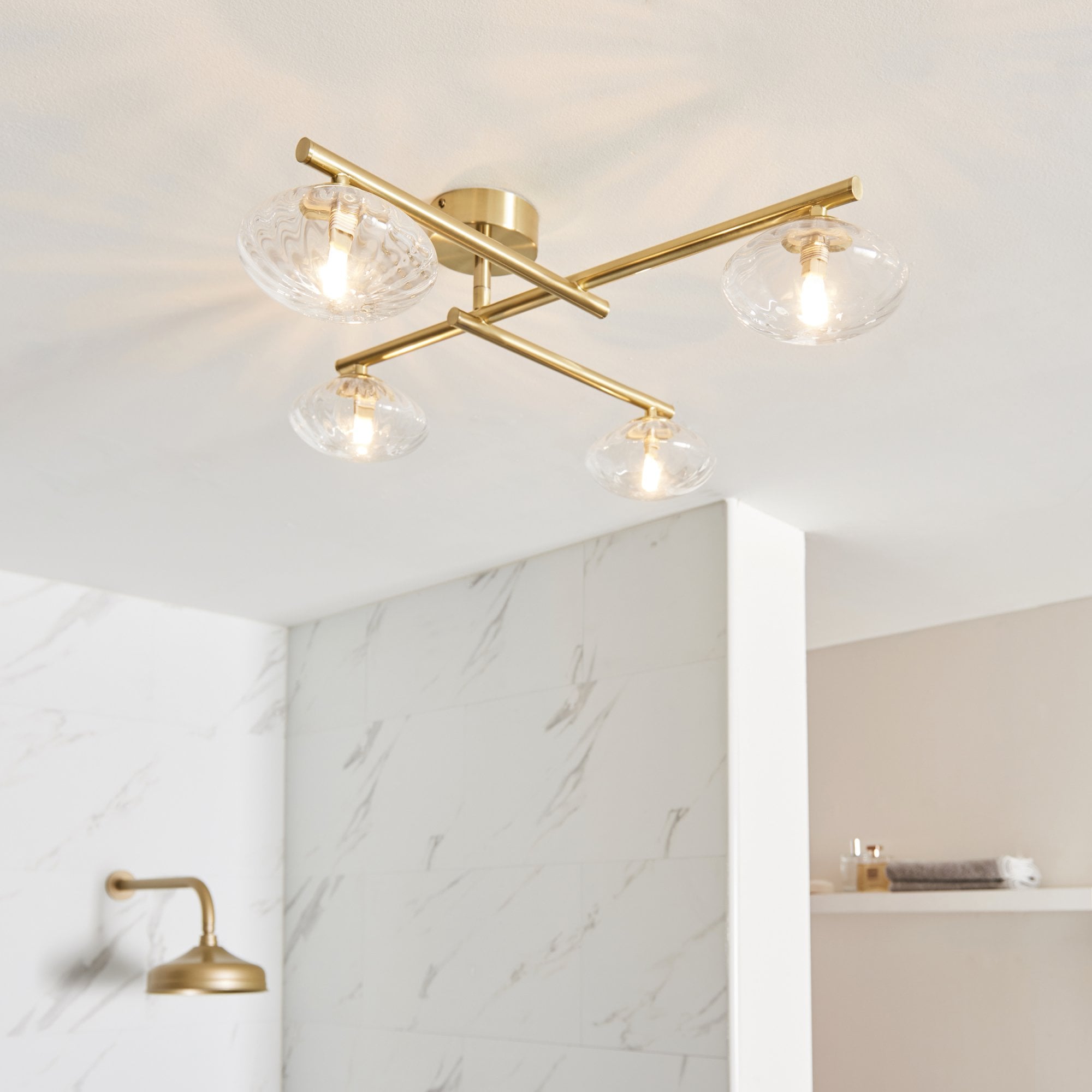 95009 Bathroom 4 Light Semi Flush Ceiling Light Satin Brass Plate & Clear Ribbed Glass