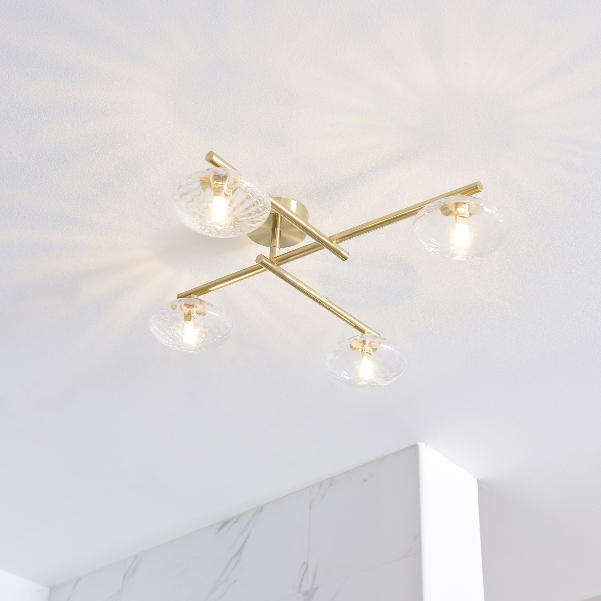 95009 Bathroom 4 Light Semi Flush Ceiling Light Satin Brass Plate & Clear Ribbed Glass