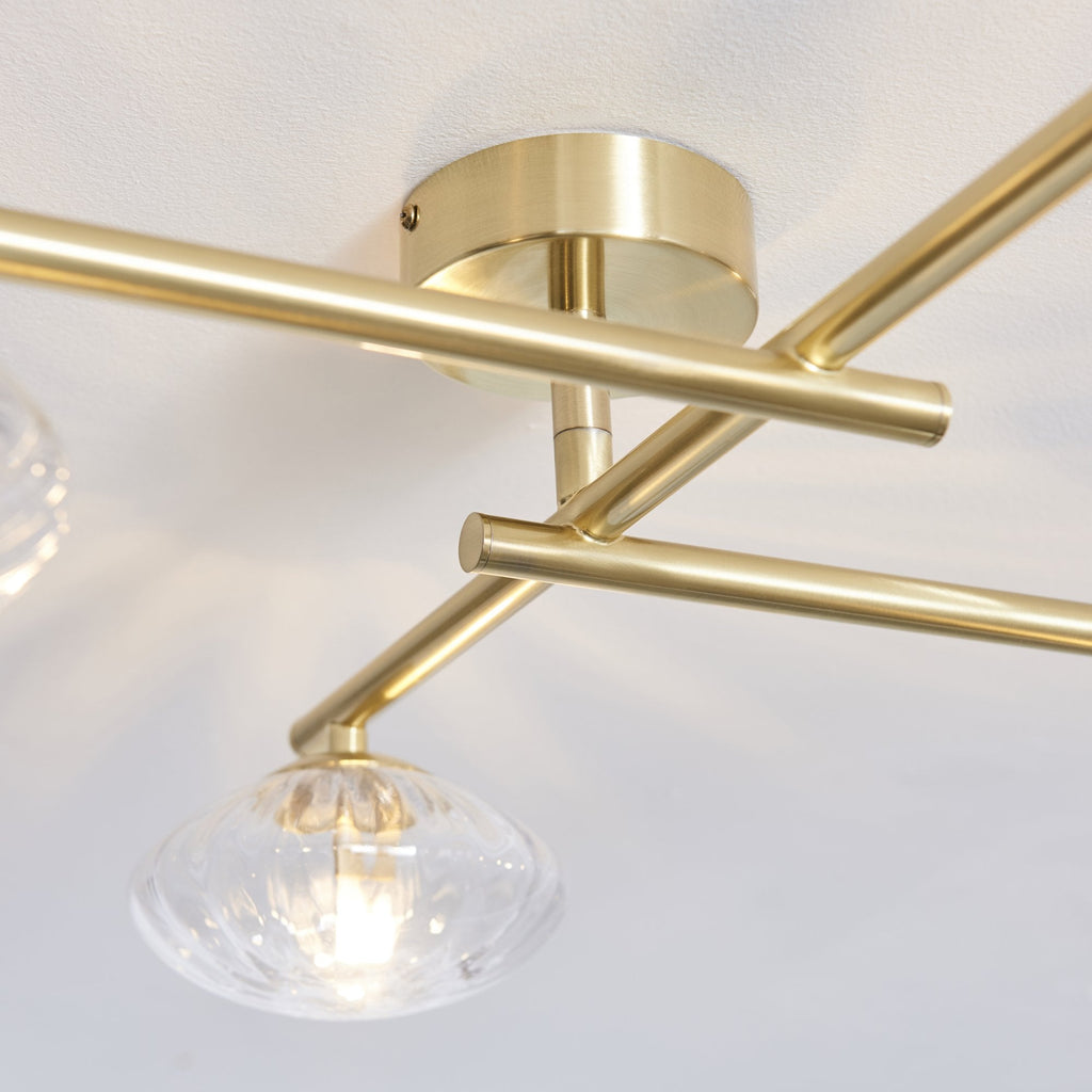95009 Bathroom 4 Light Semi Flush Ceiling Light Satin Brass Plate & Clear Ribbed Glass