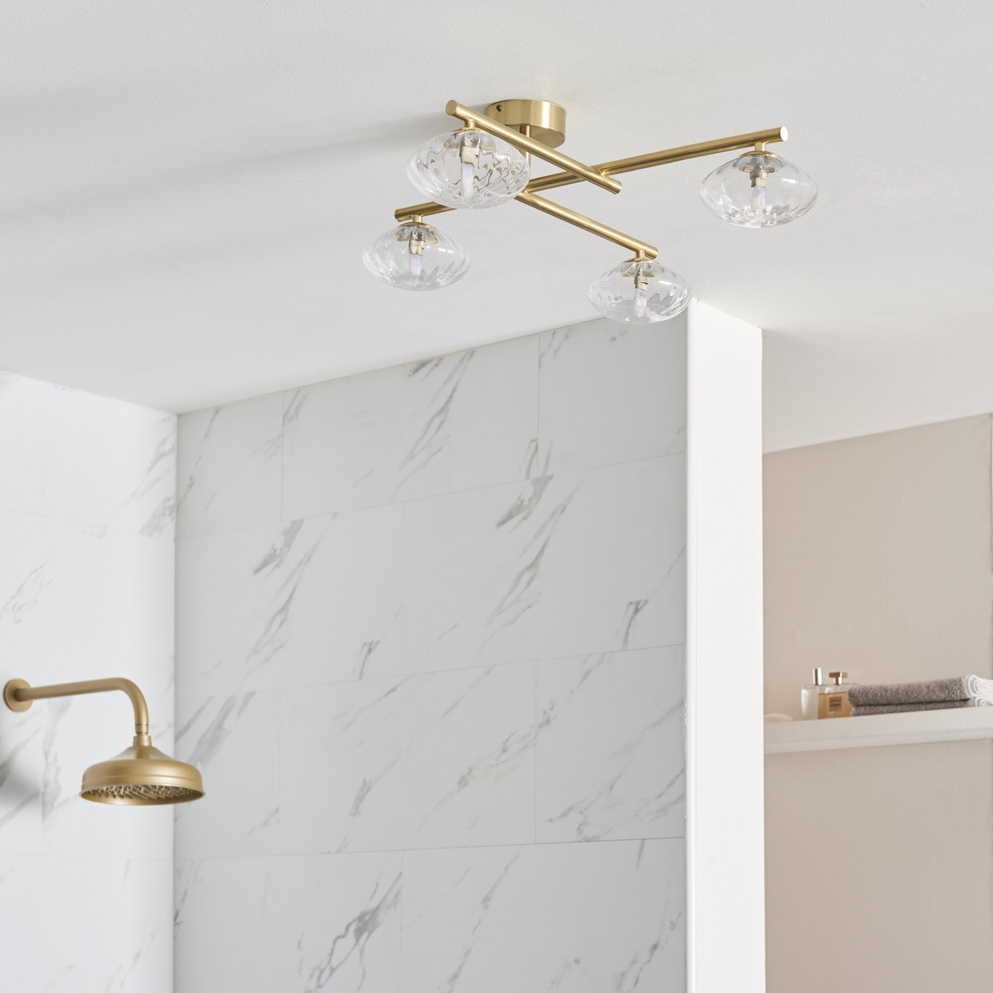 95009 Bathroom 4 Light Semi Flush Ceiling Light Satin Brass Plate & Clear Ribbed Glass