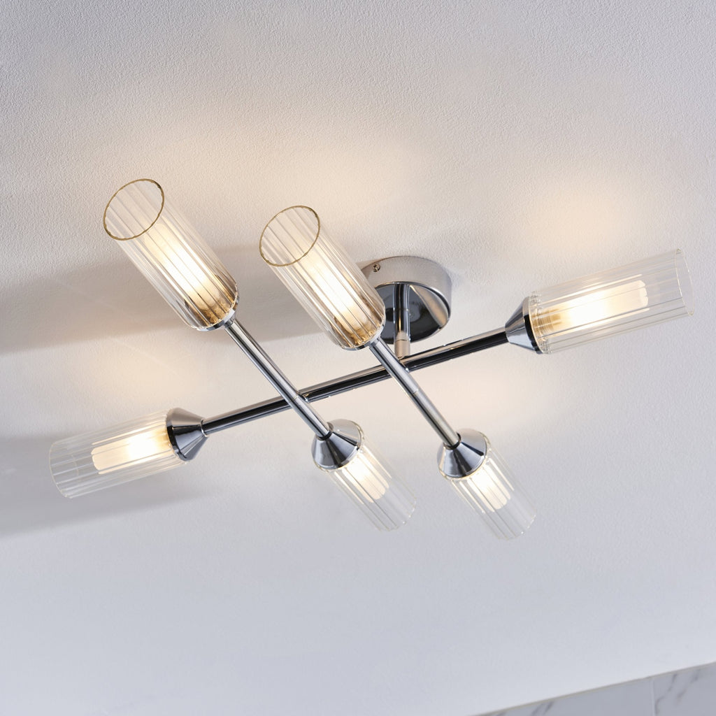 95045 Bathroom 6 Light Semi Flush Ceiling Light Chrome Plate & Clear/frosted Ribbed Glass