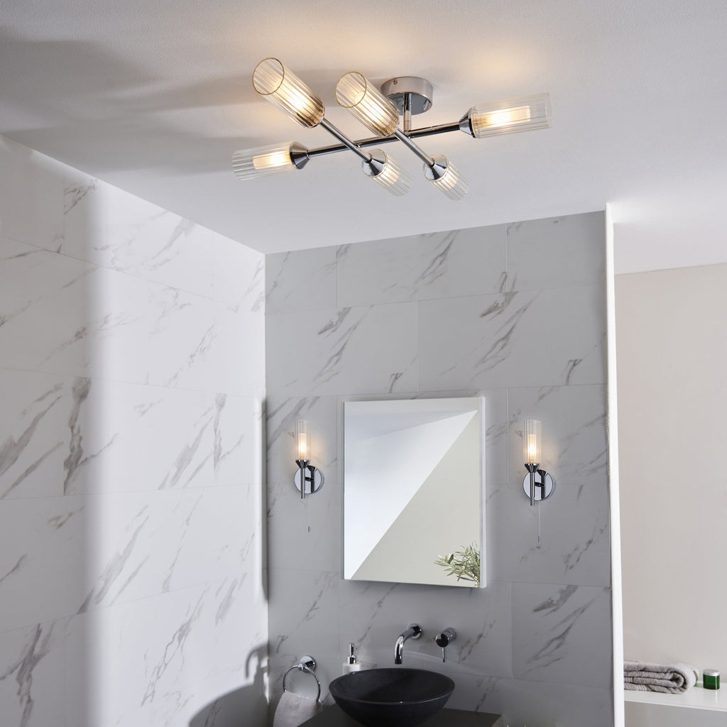 95045 Bathroom 6 Light Semi Flush Ceiling Light Chrome Plate & Clear/frosted Ribbed Glass