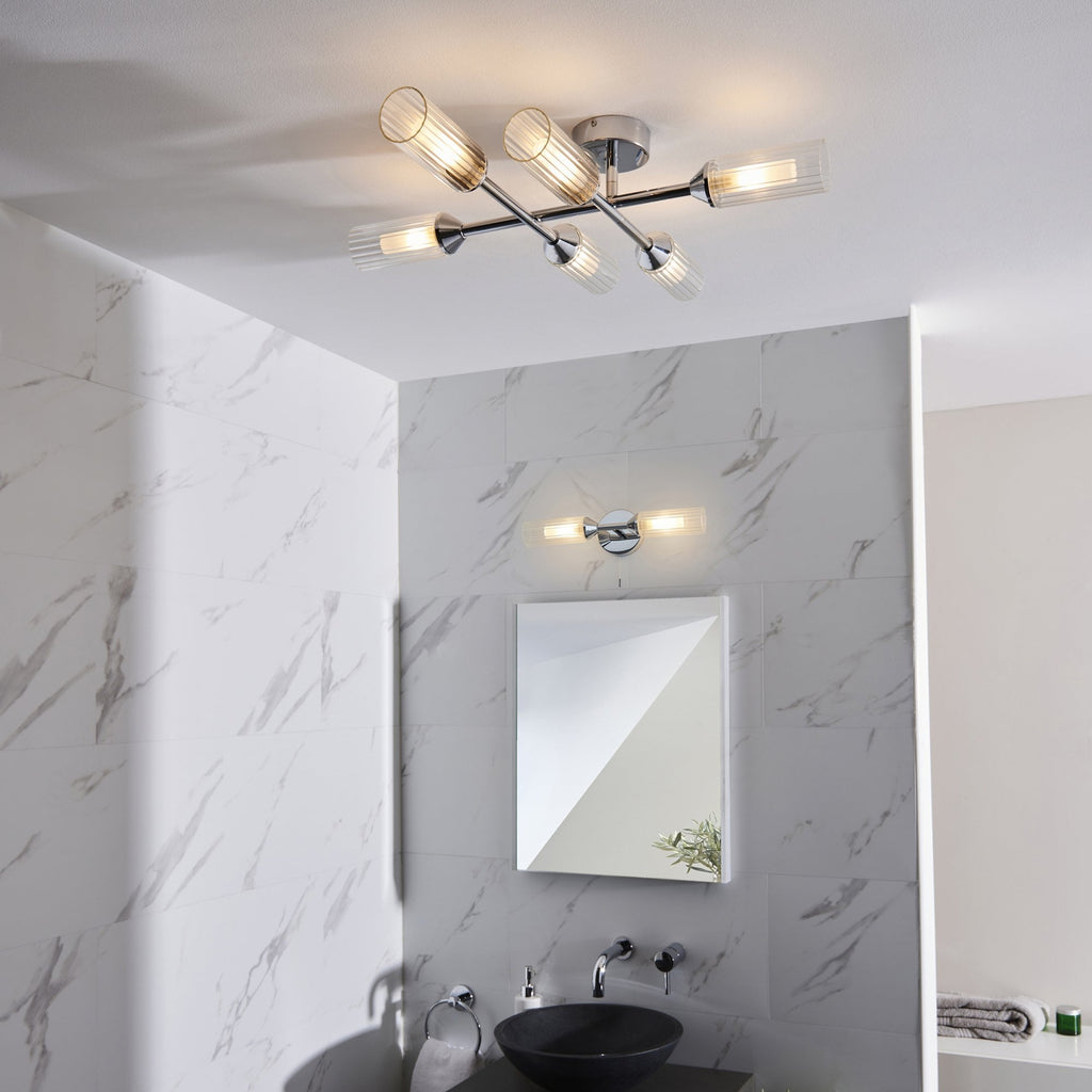 95045 Bathroom 6 Light Semi Flush Ceiling Light Chrome Plate & Clear/frosted Ribbed Glass