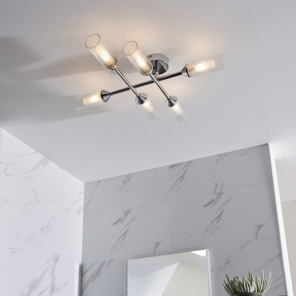 95045 Bathroom 6 Light Semi Flush Ceiling Light Chrome Plate & Clear/frosted Ribbed Glass