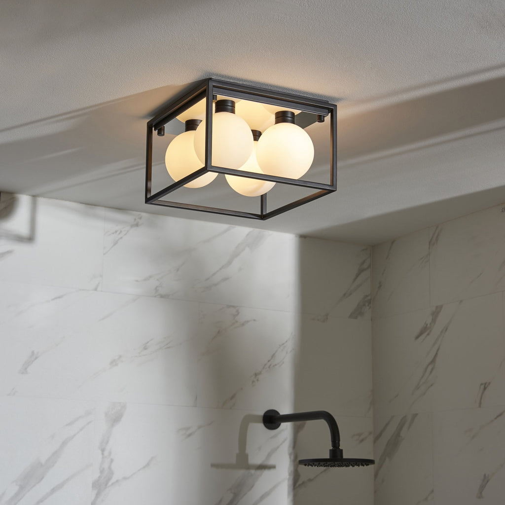 95050 Bathroom 4 Light Semi Flush Ceiling Light Matt Black & Matt Opal Glass
