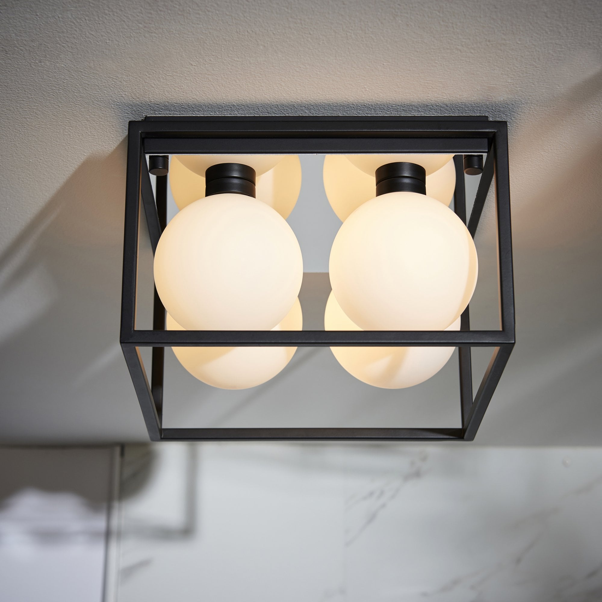 95050 Bathroom 4 Light Semi Flush Ceiling Light Matt Black & Matt Opal Glass