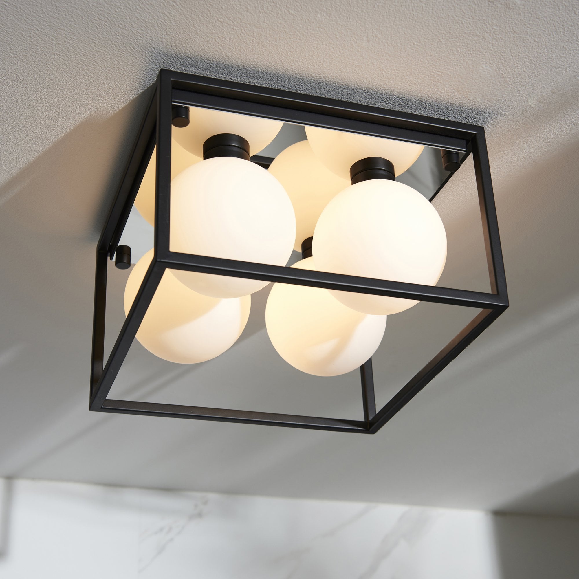 95050 Bathroom 4 Light Semi Flush Ceiling Light Matt Black & Matt Opal Glass
