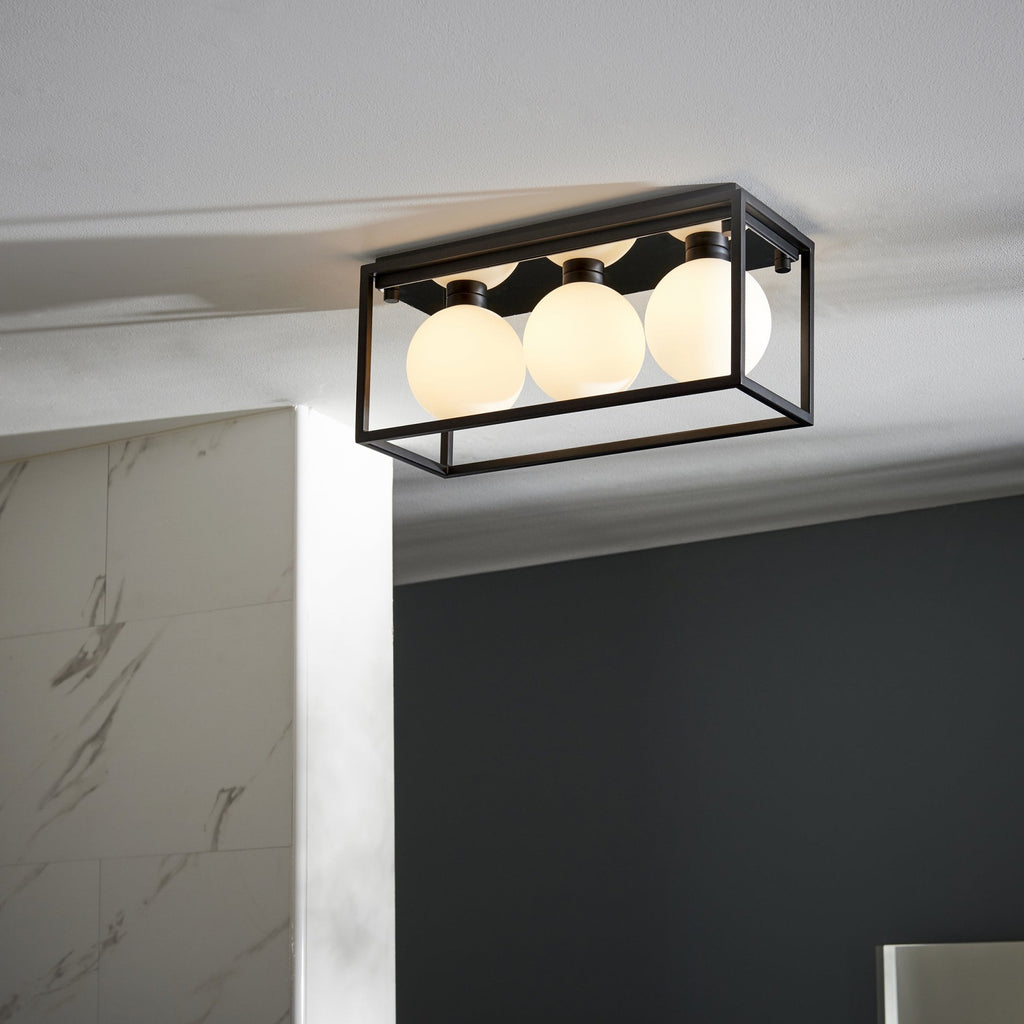 95051 Bathroom 3 Light Semi Flush Ceiling Light Matt Black & Matt Opal Glass