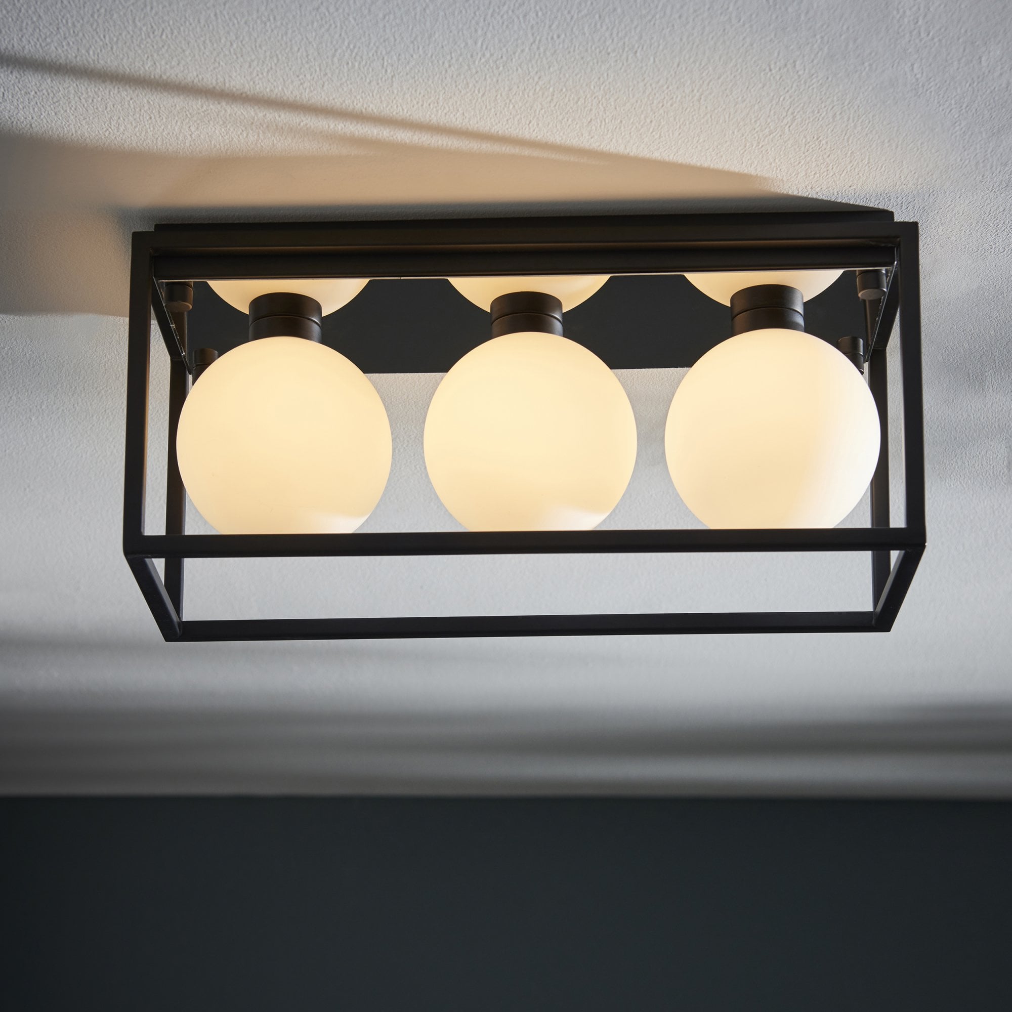95051 Bathroom 3 Light Semi Flush Ceiling Light Matt Black & Matt Opal Glass