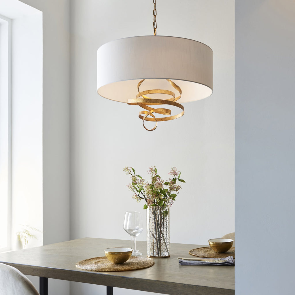 95268 3 Light Pendant Gold Leaf & Ivory Cotton Fabric