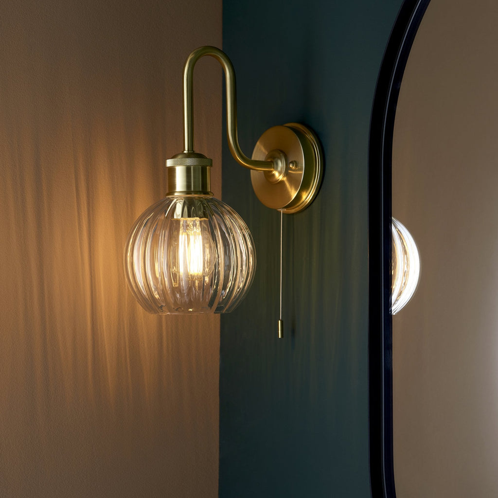 95507 Bathroom 1 Light Wall Light Satin Brass Plate & Clear Ribbed Glass